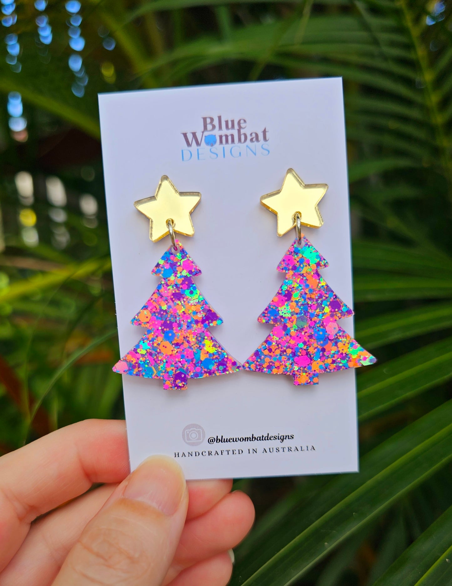 Christmas Tree Glitter Resin Dangle Earrings Handmade