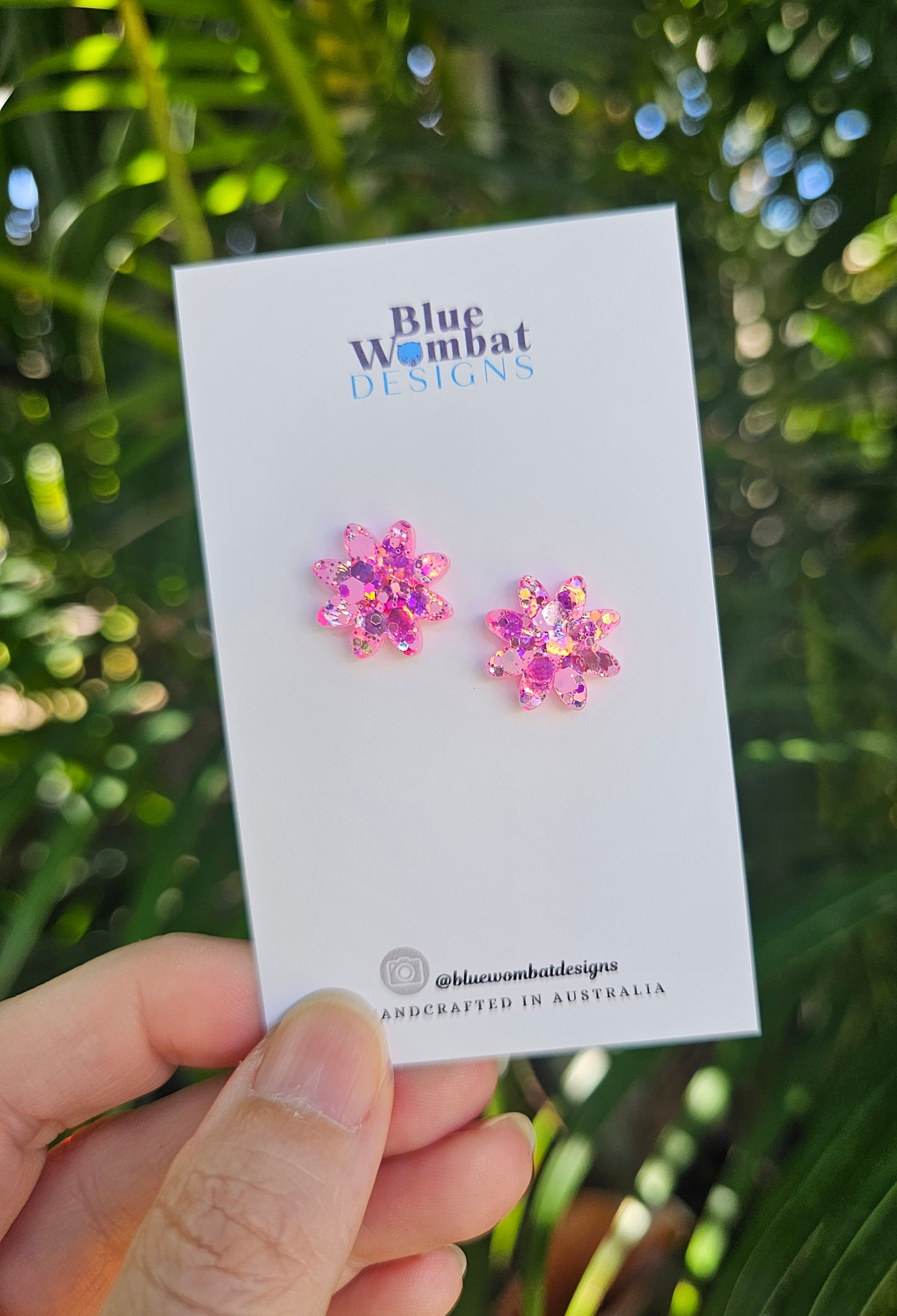 Sparkle Flower Pink Glitter Resin Studs