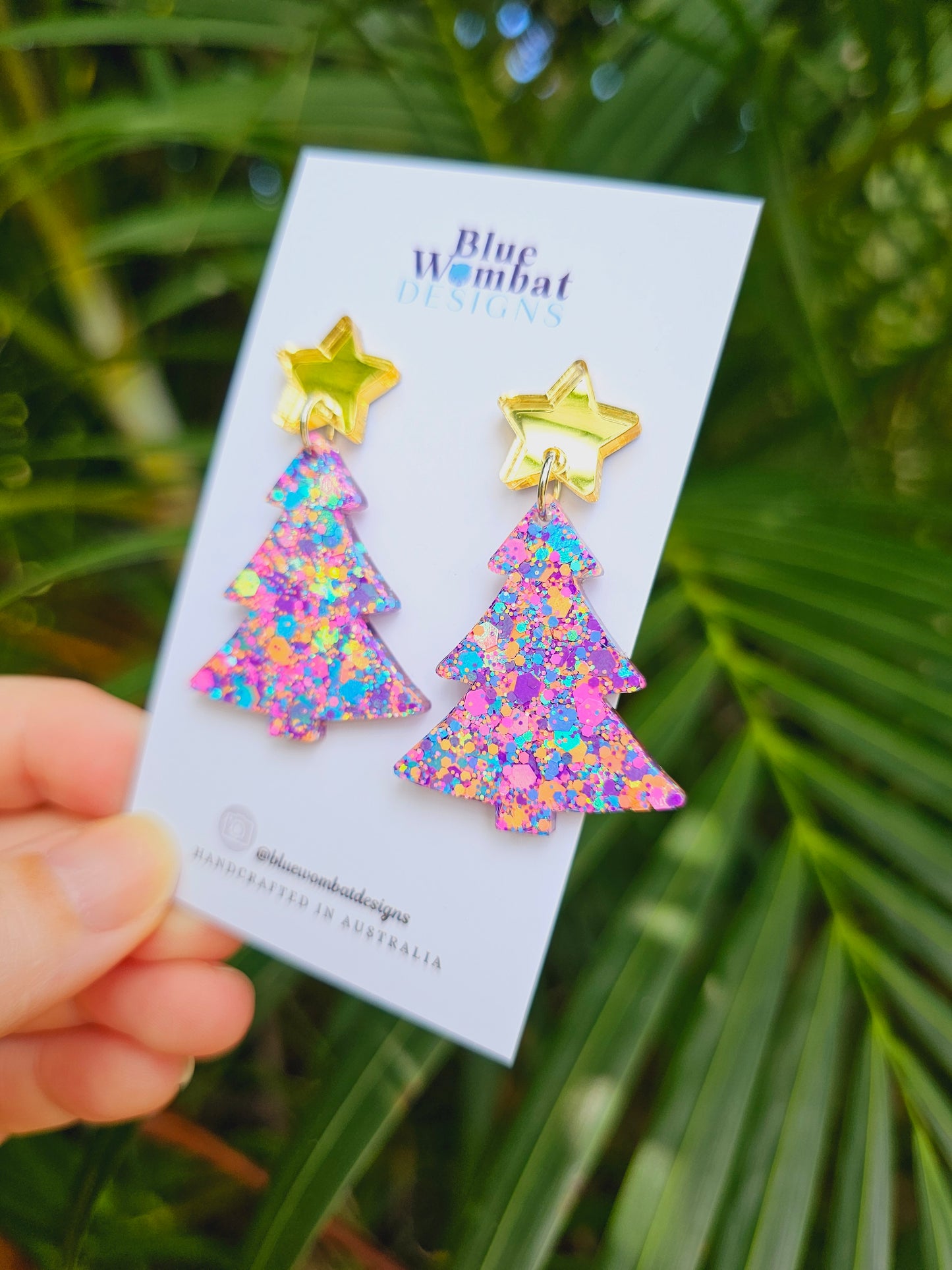 Christmas Tree Glitter Resin Dangle Earrings Handmade