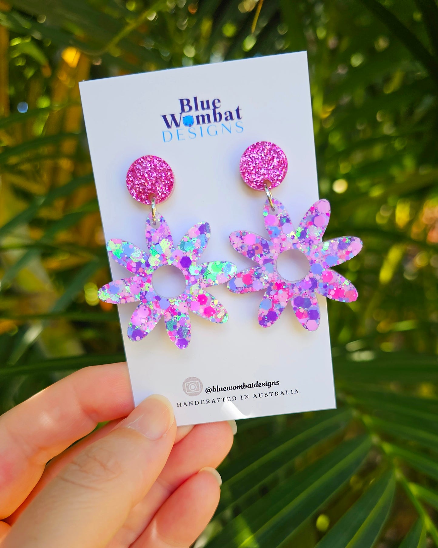 Resin Glitter Pink Flower Dangle Statement Earrings