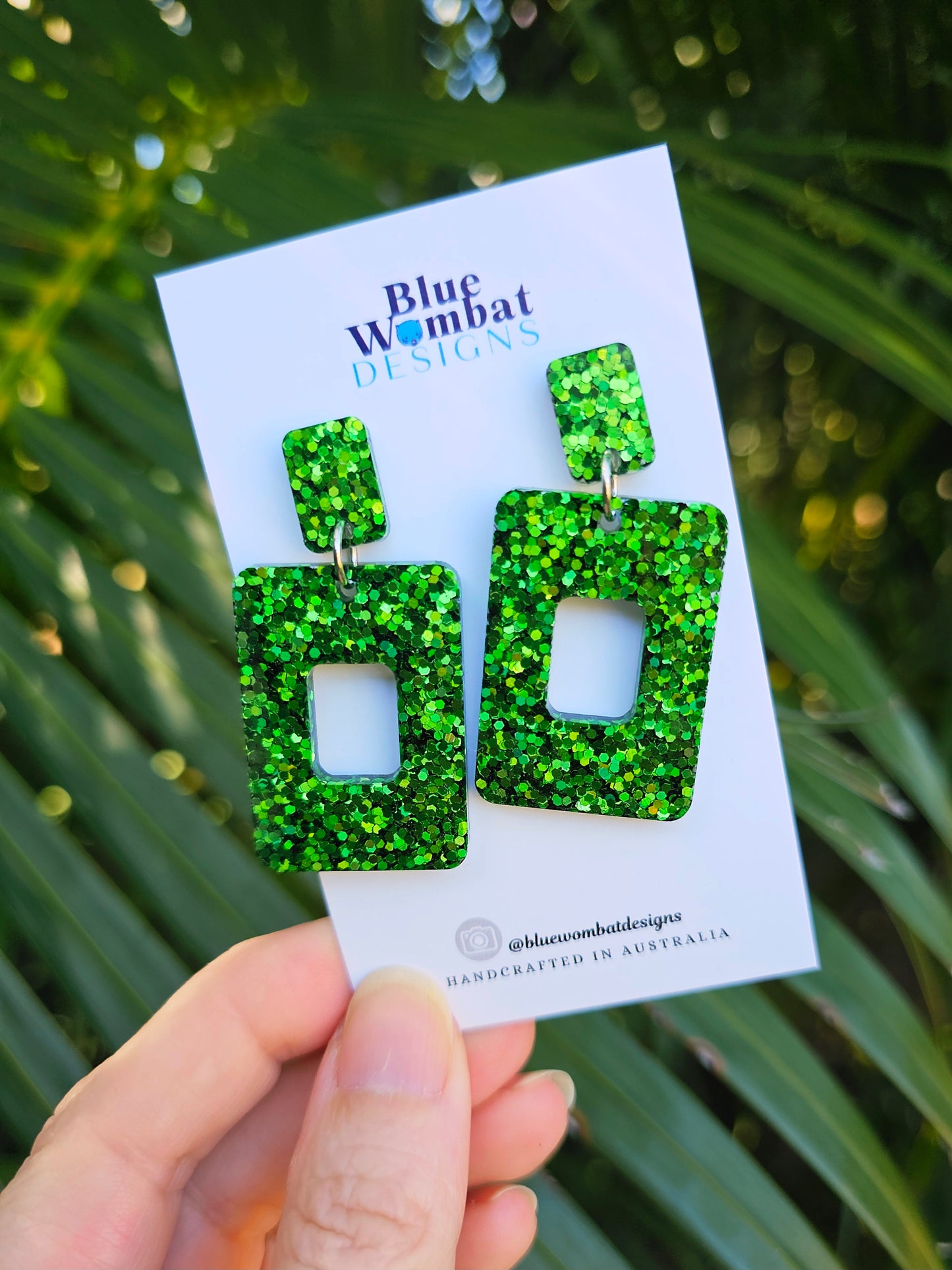 Green Glitter Resin Statement Dangle Earrings