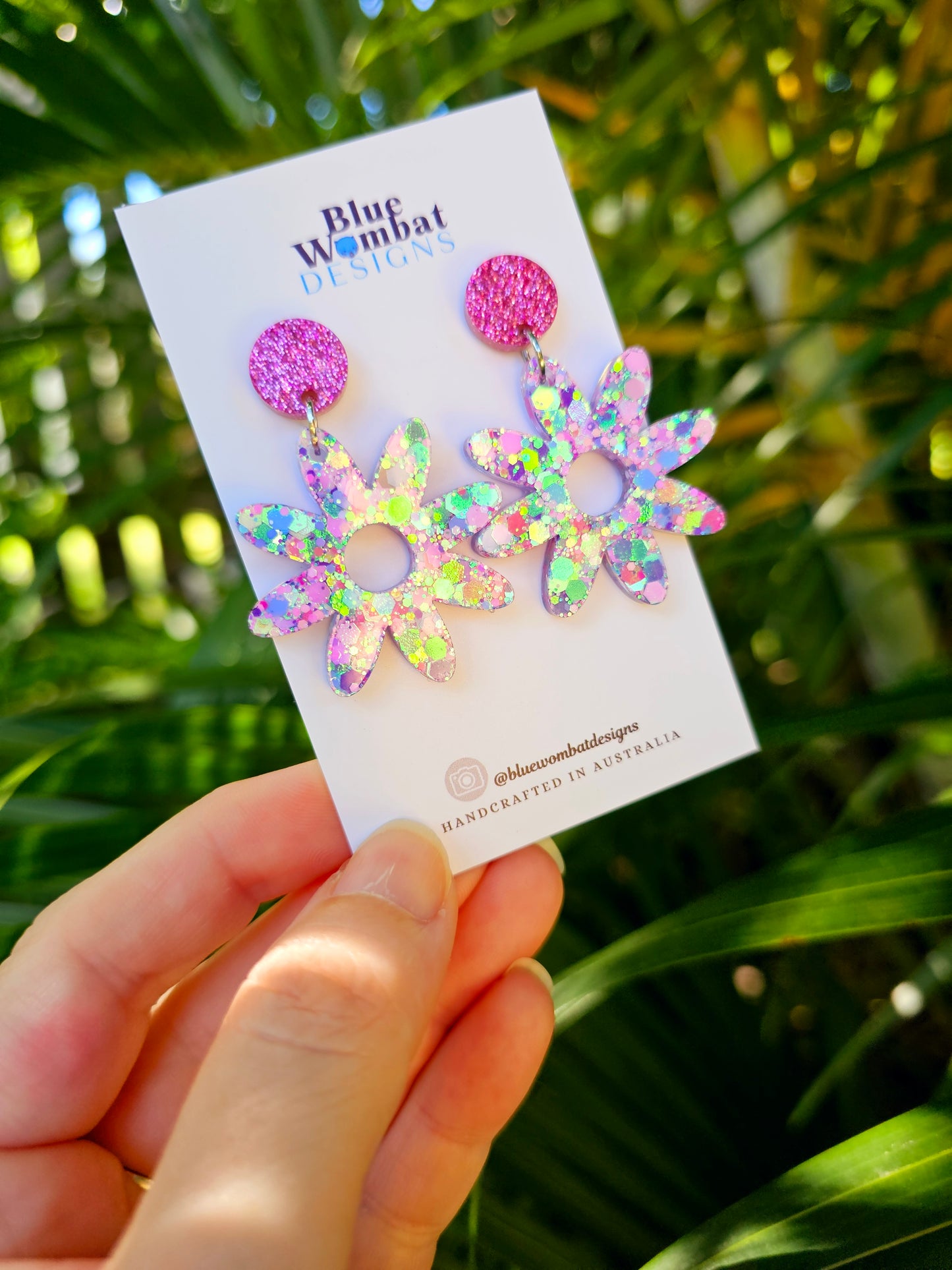 Resin Glitter Pink Flower Dangle Statement Earrings