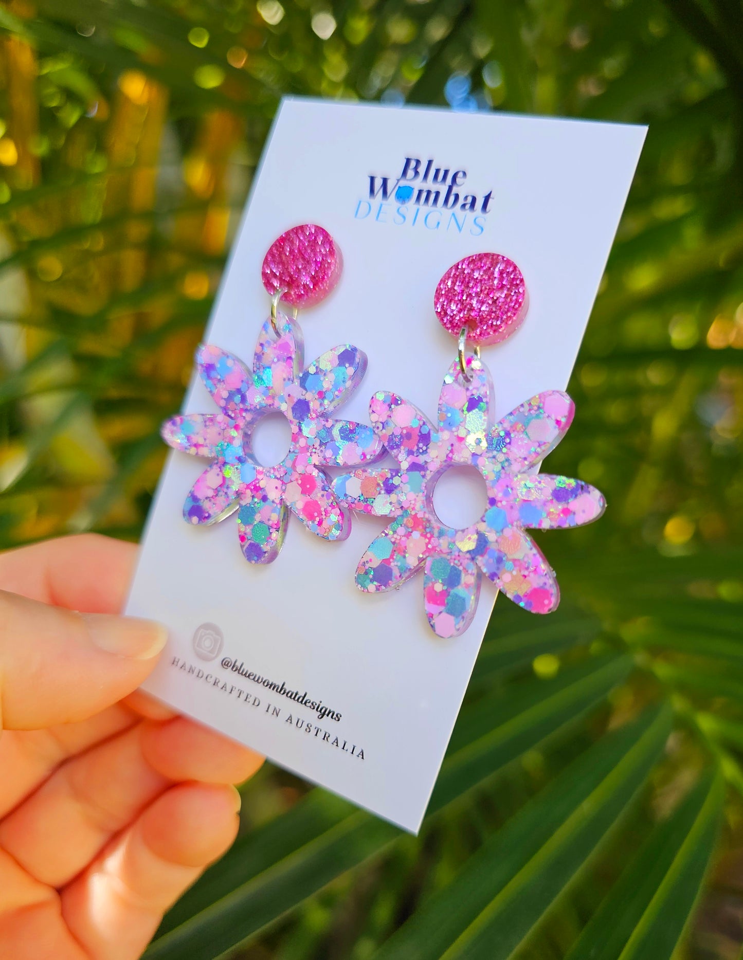 Resin Glitter Pink Flower Dangle Statement Earrings