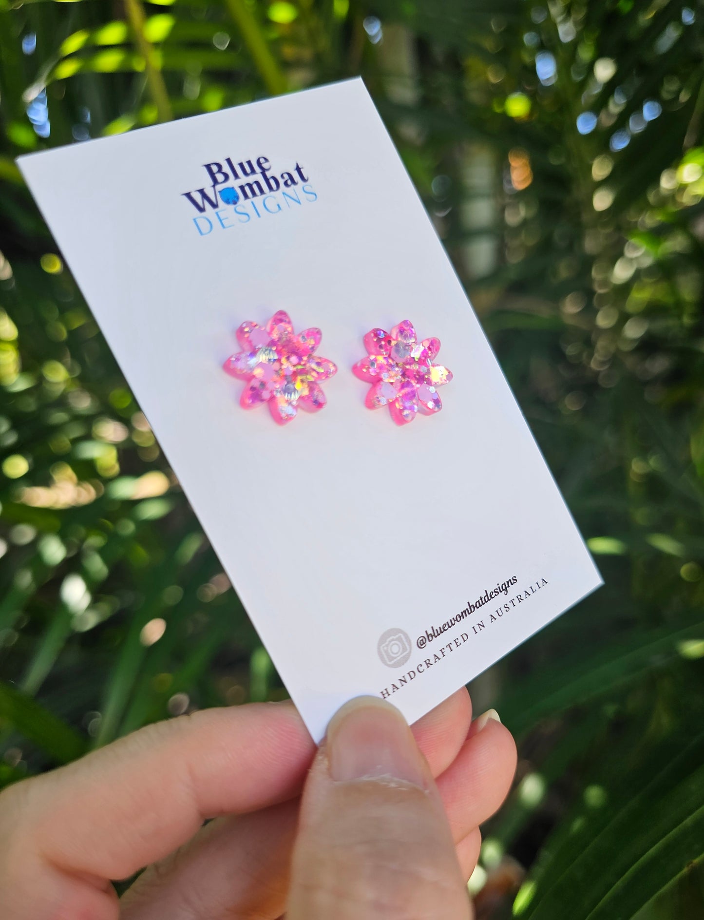 Sparkle Flower Pink Glitter Resin Studs