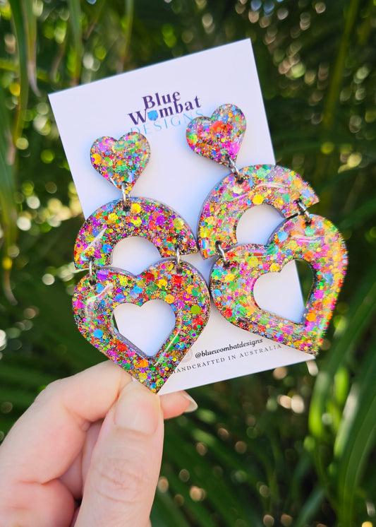 Rainbow Glitter Large Love Heart Resin Dangle Domed Statement Earrings