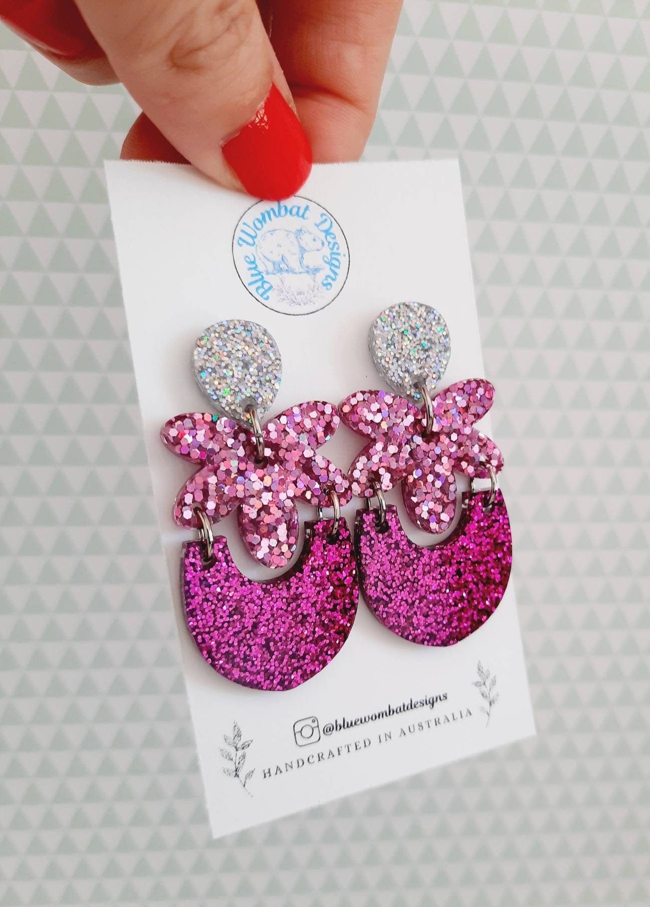 Handmade Sparkle Glitter Pink Resin Statement Dangle Earrings