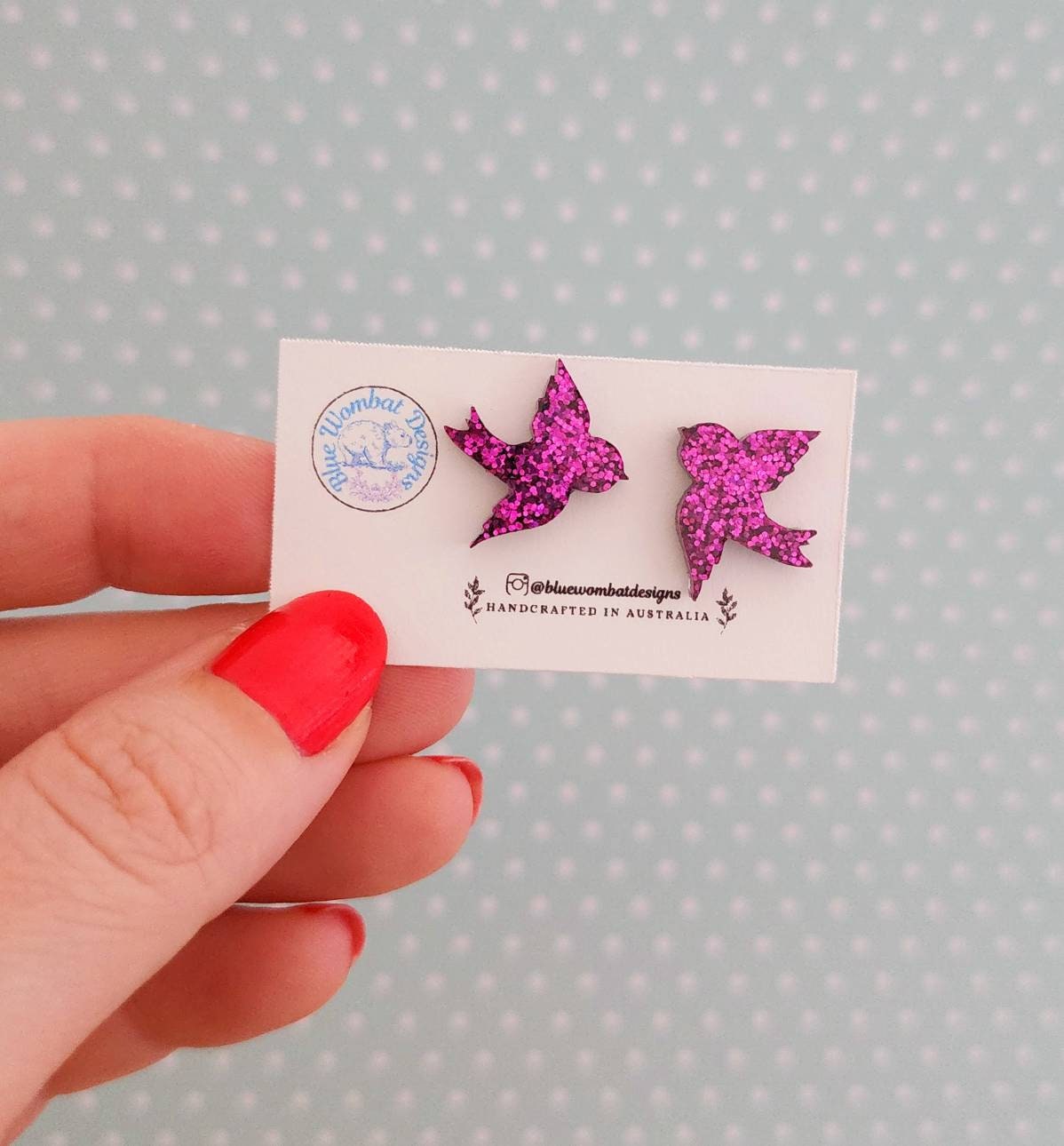 Pink Glitter Resin Bird Stud Earrings