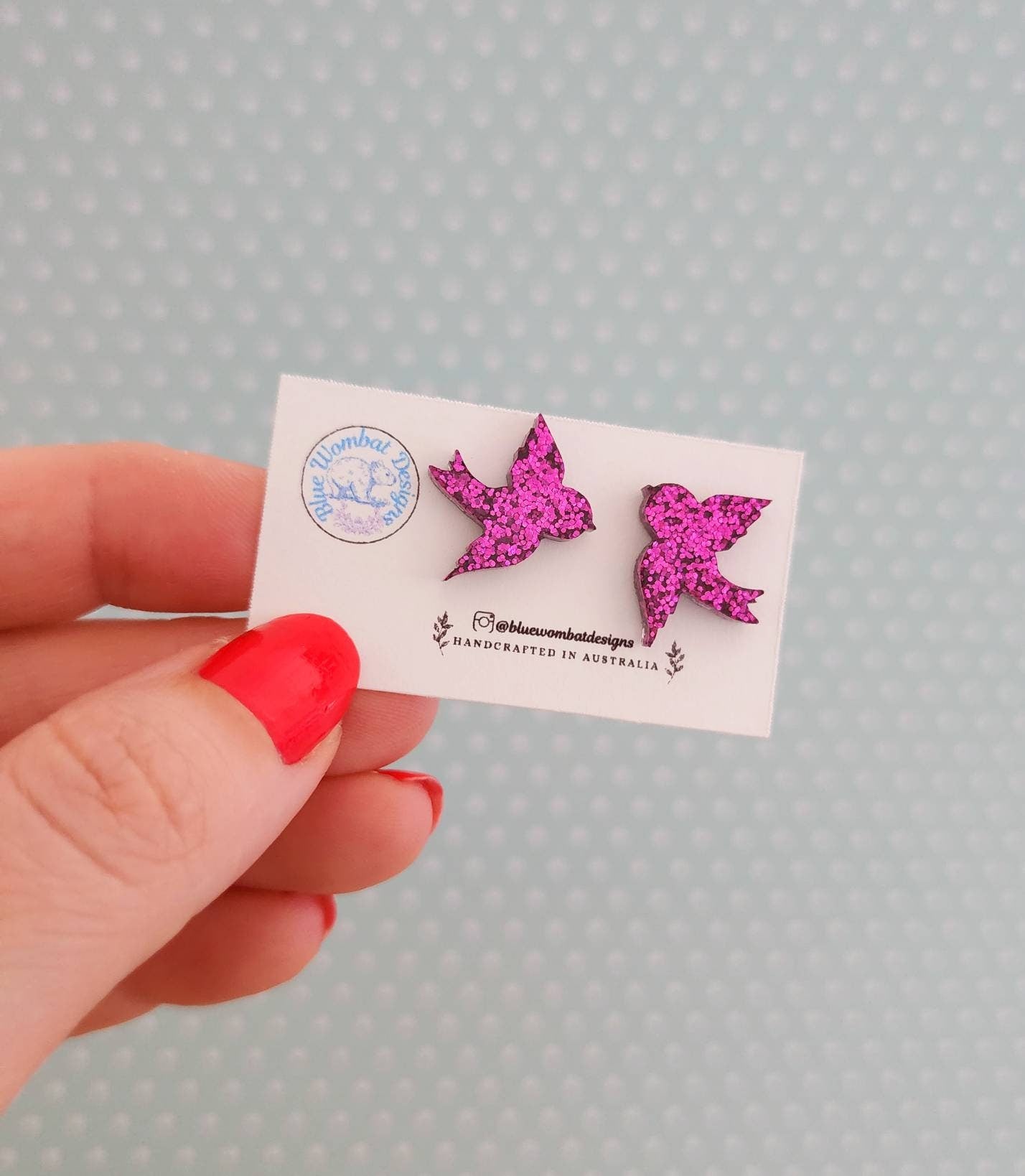 Pink Glitter Resin Bird Stud Earrings