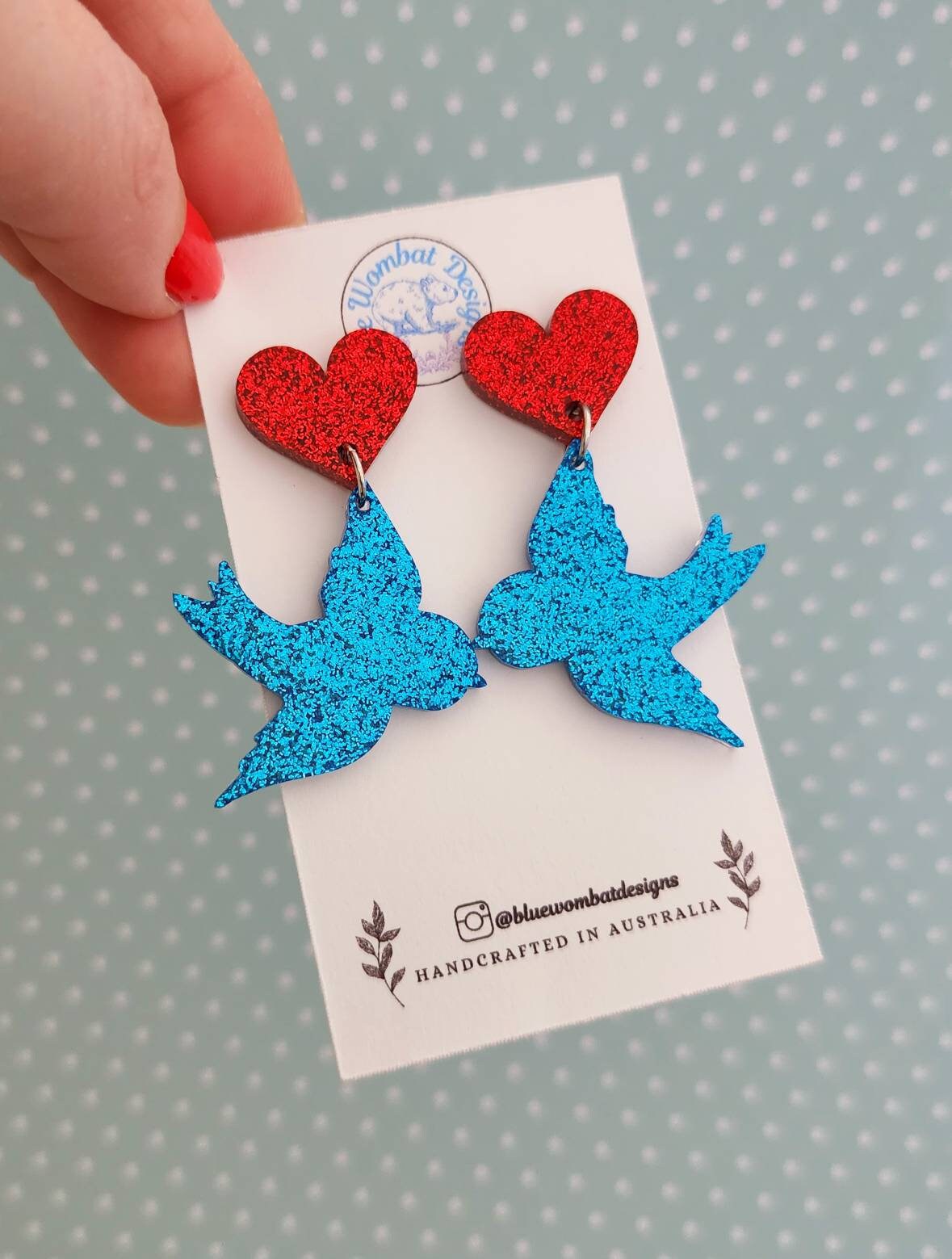 Blue Bird Glitter Resin Large Statement Dangle Earrings