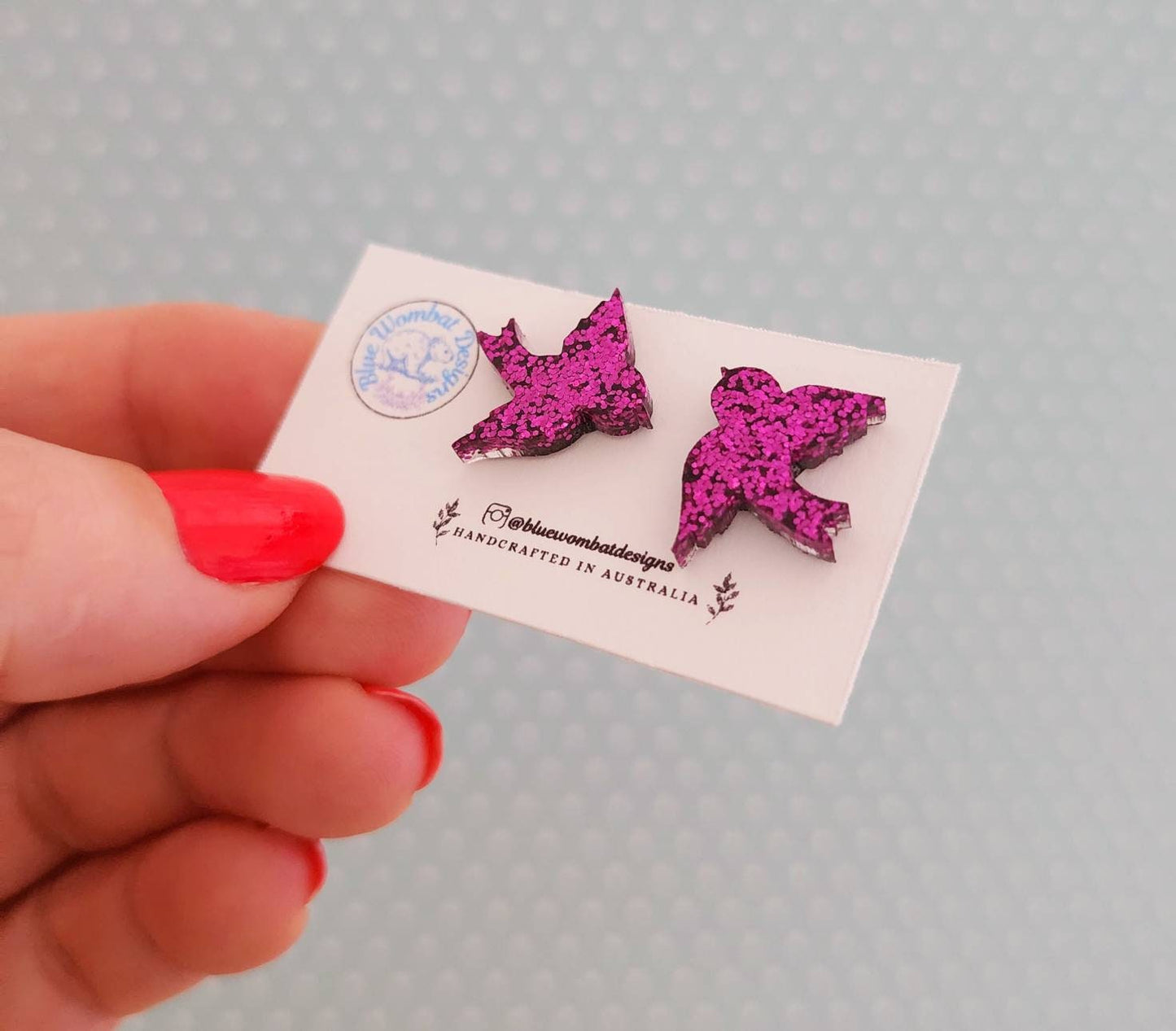 Pink Glitter Resin Bird Stud Earrings