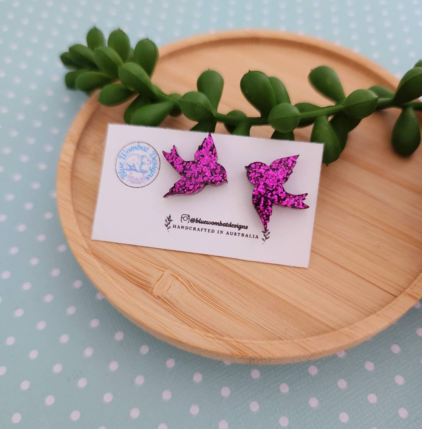 Pink Glitter Resin Bird Stud Earrings