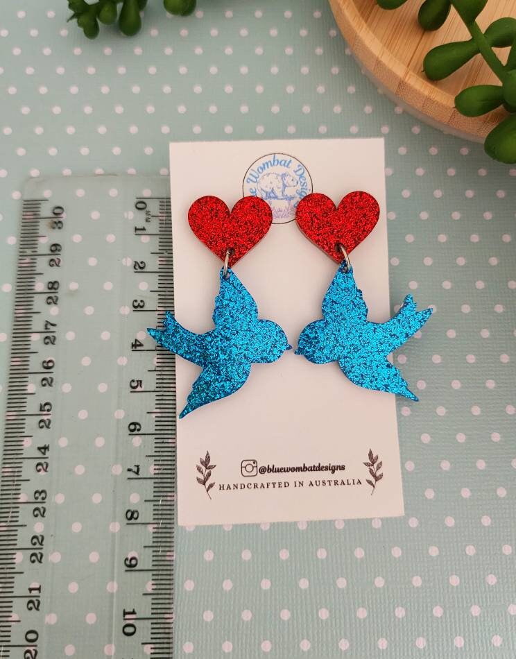 Blue Bird Glitter Resin Large Statement Dangle Earrings