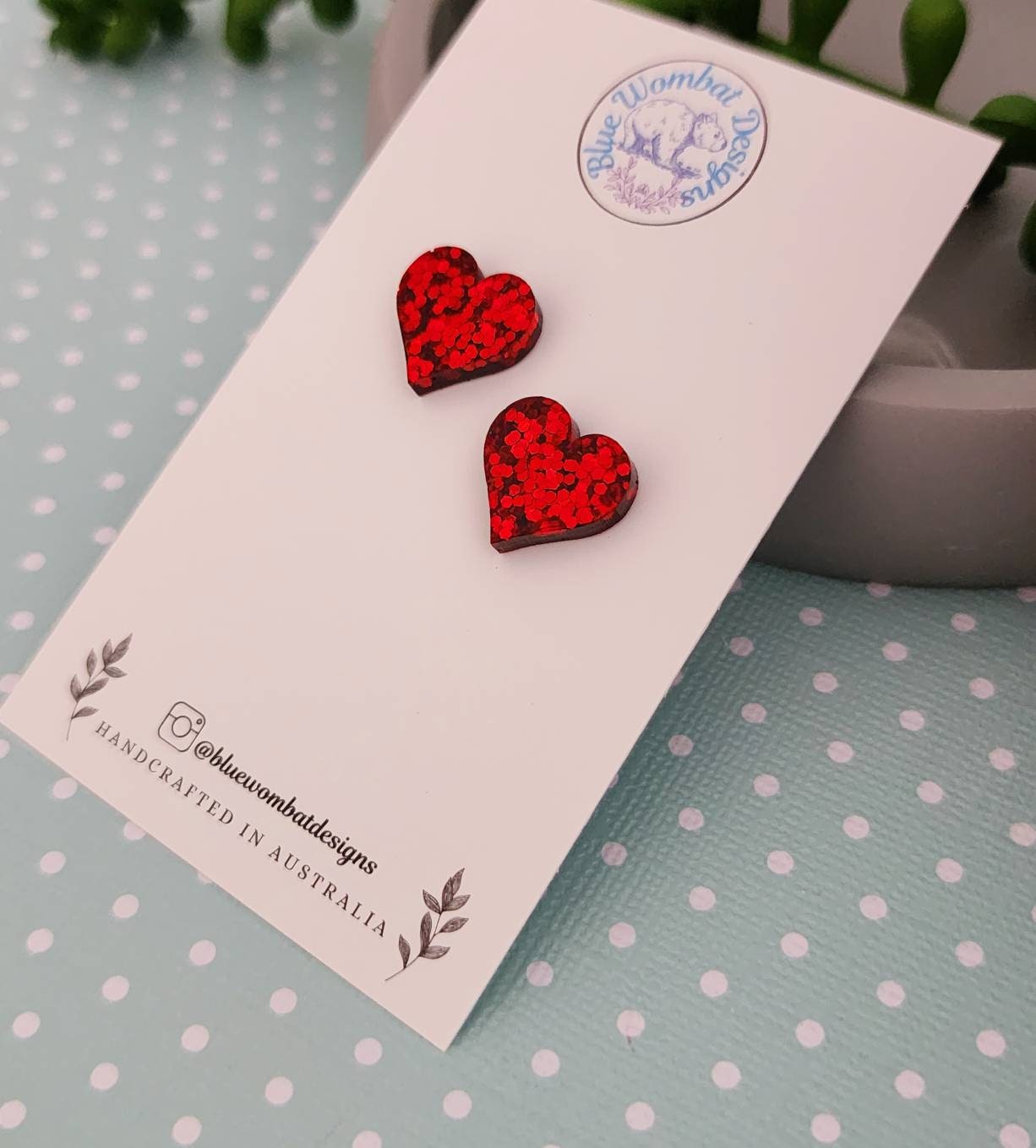 Red Glitter Love Heart Resin Stud Earrings, Handmade Red Gitter Heart Studs