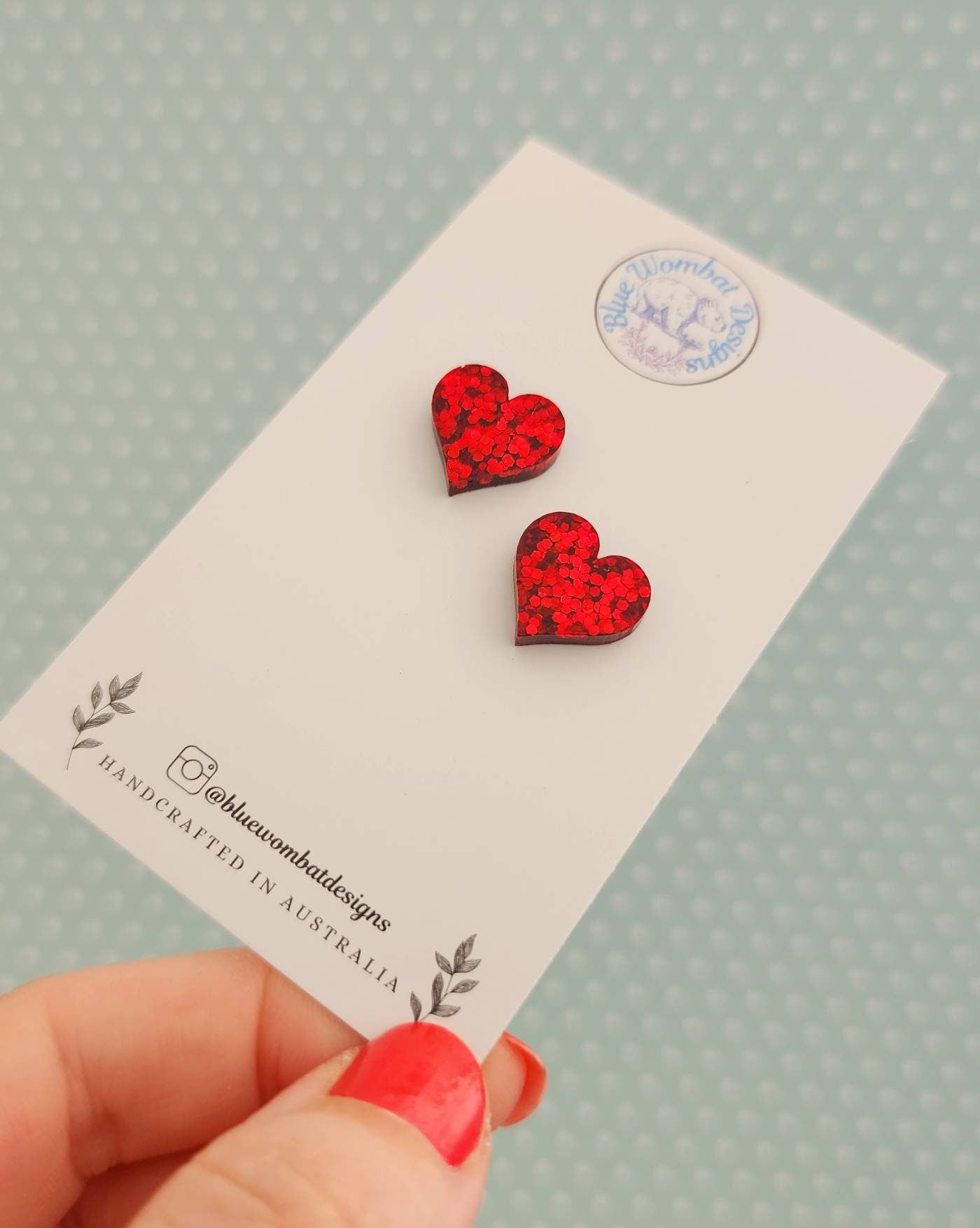 Red Glitter Love Heart Resin Stud Earrings, Handmade Red Gitter Heart Studs