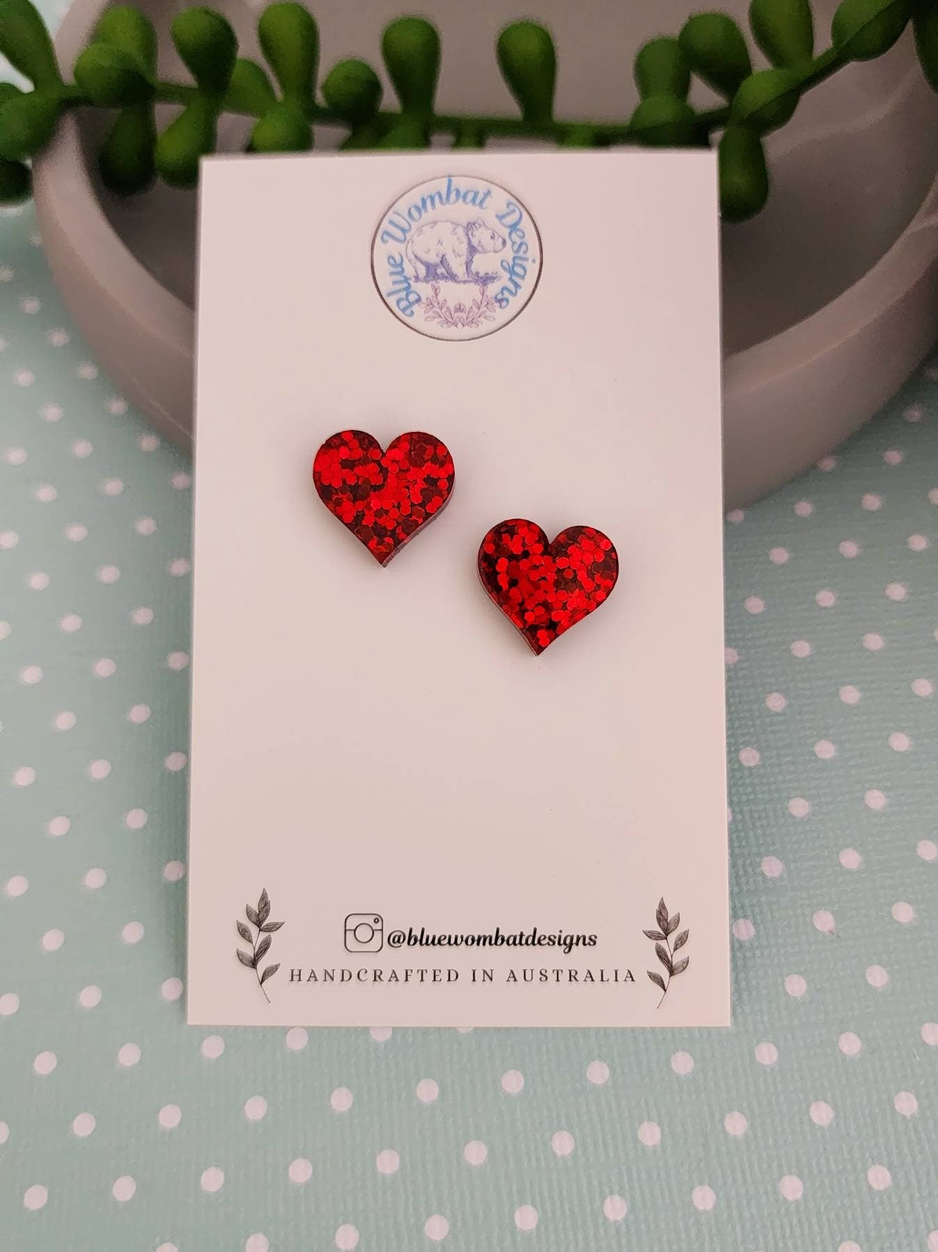 Red Glitter Love Heart Resin Stud Earrings, Handmade Red Gitter Heart Studs