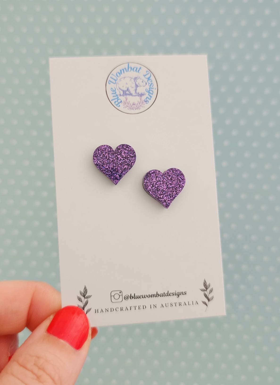 Purple Glitter Love Heart Resin Stud Earrings, Handmade Purple Gitter Heart Studs