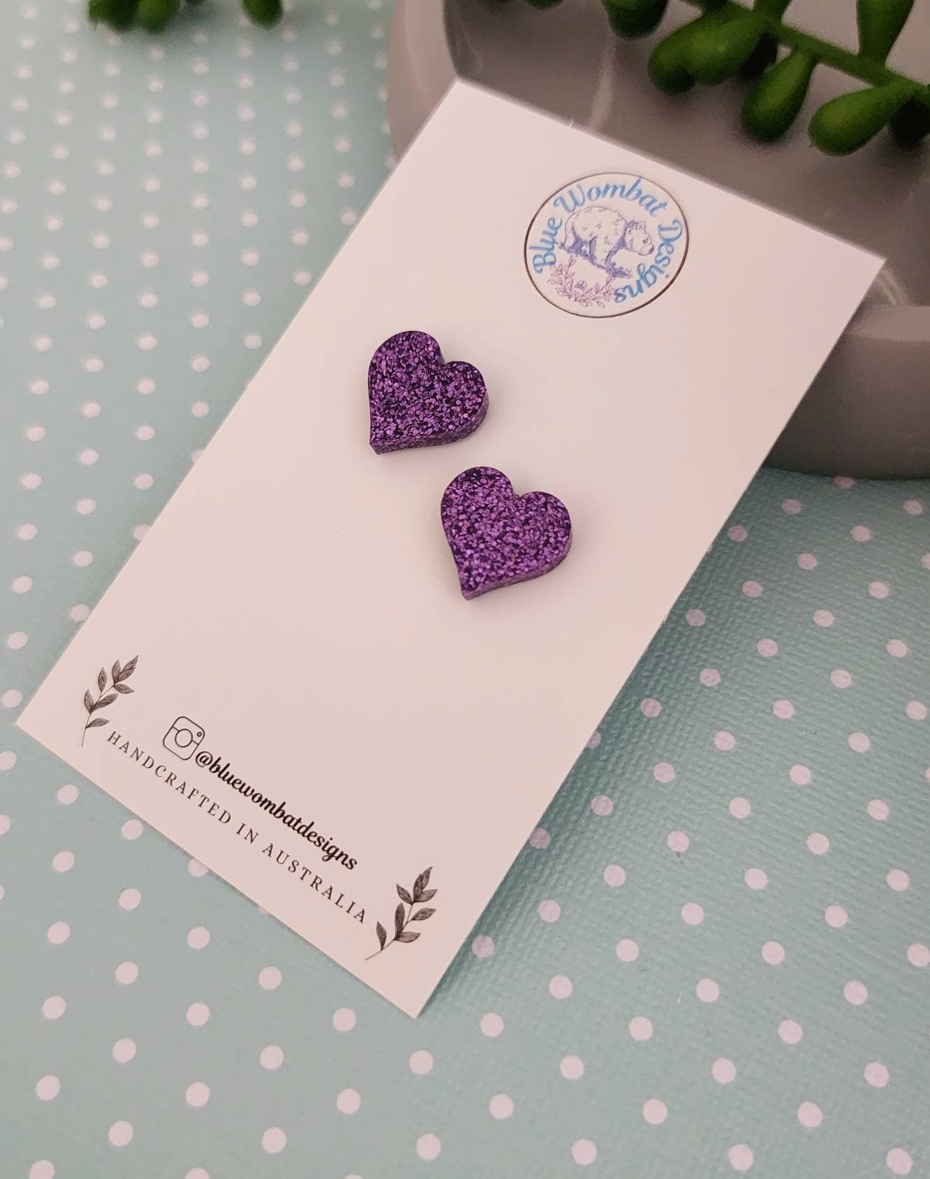 Purple Glitter Love Heart Resin Stud Earrings, Handmade Purple Gitter Heart Studs