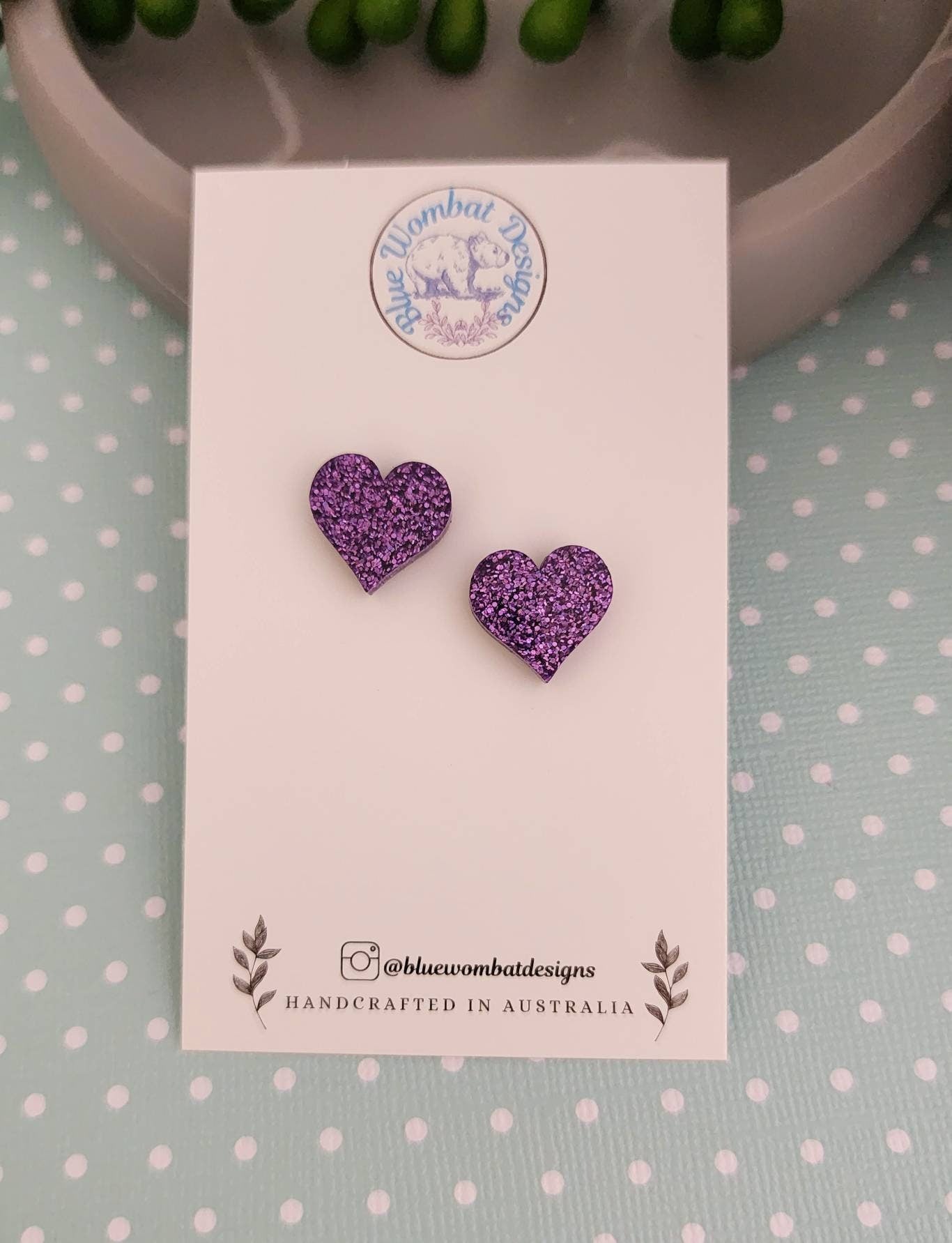 Purple Glitter Love Heart Resin Stud Earrings, Handmade Purple Gitter Heart Studs