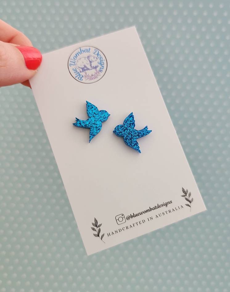 Blue Bird Glitter Resin Stud Earrings