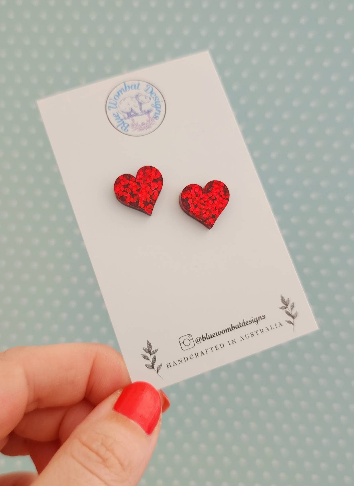 Red Glitter Love Heart Resin Stud Earrings, Handmade Red Gitter Heart Studs