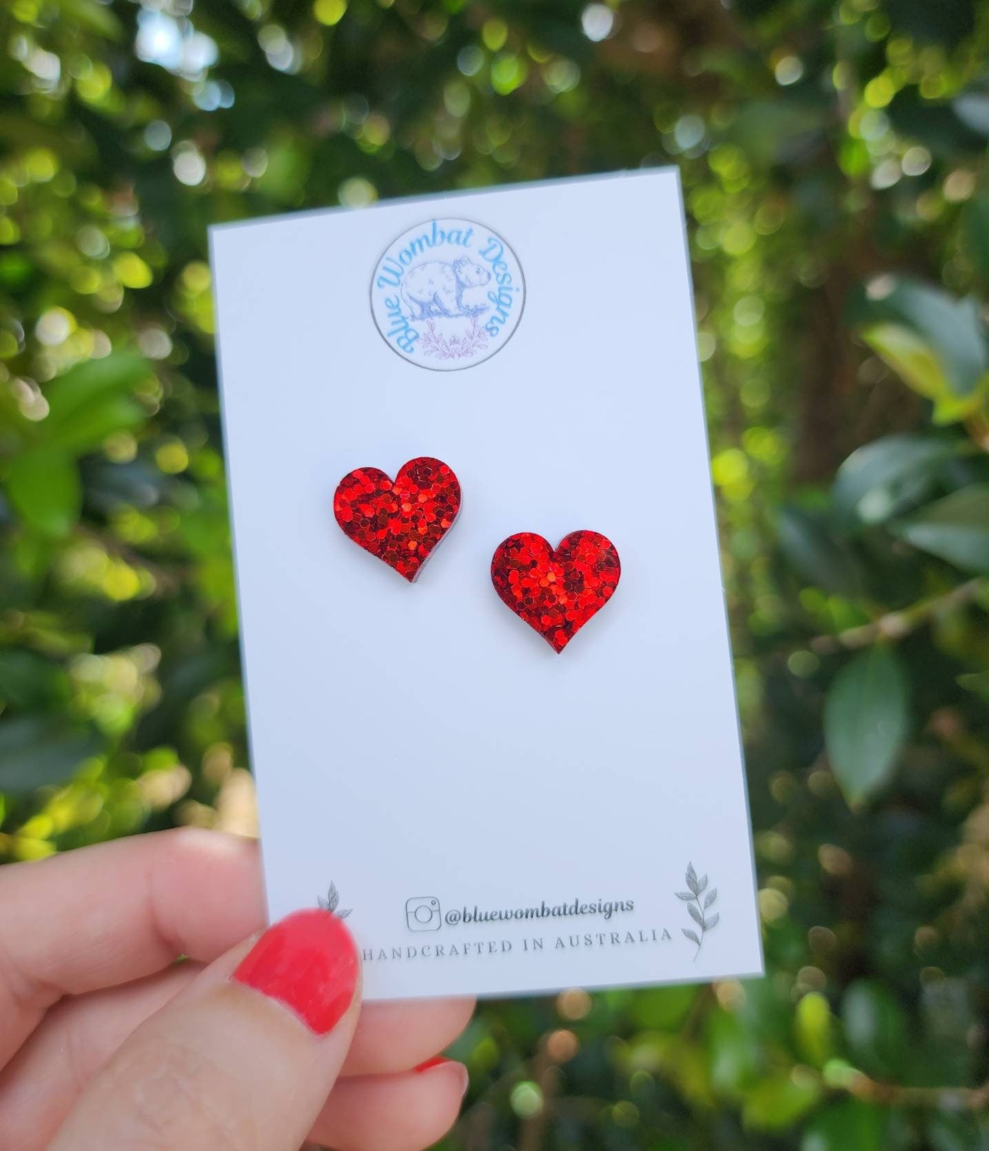 Red Glitter Love Heart Resin Stud Earrings, Handmade Red Gitter Heart Studs