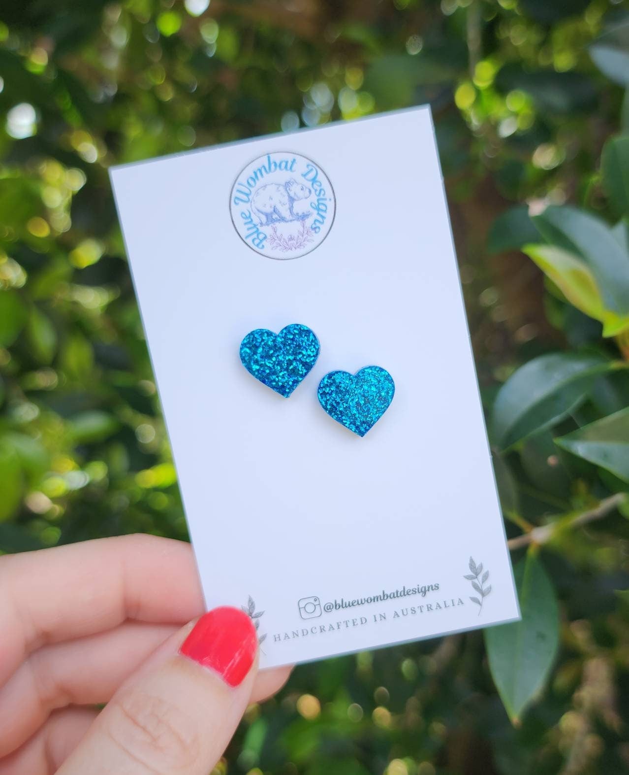 Blue Glitter Love Heart Resin Small Stud Earrings