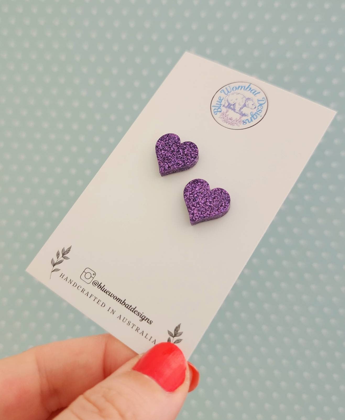 Purple Glitter Love Heart Resin Stud Earrings, Handmade Purple Gitter Heart Studs