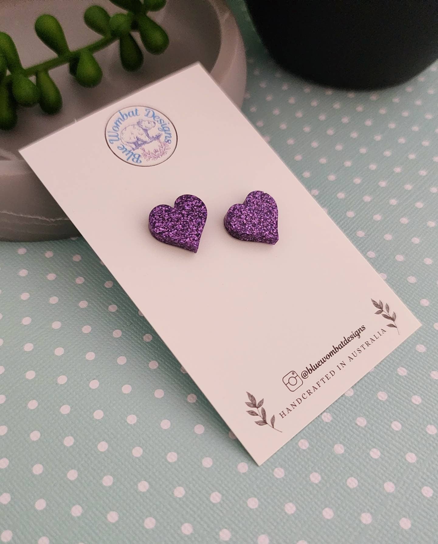 Purple Glitter Love Heart Resin Stud Earrings, Handmade Purple Gitter Heart Studs