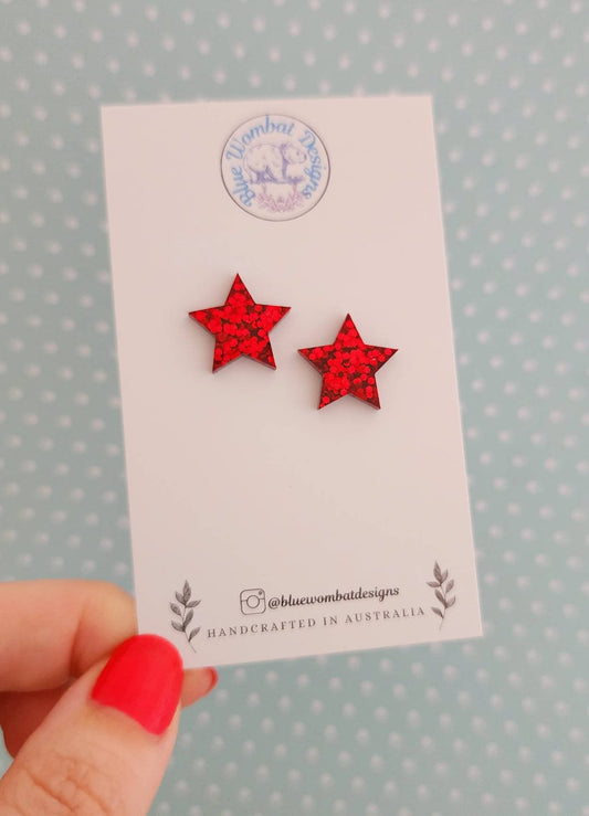 Red Sparkle Glitter Star Resin Stud Earrings 15mm