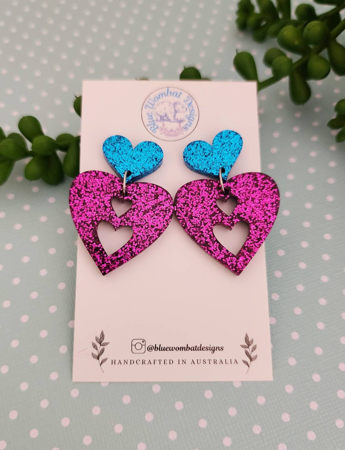 Love Heart Dangle Glitter Handmade Earrings