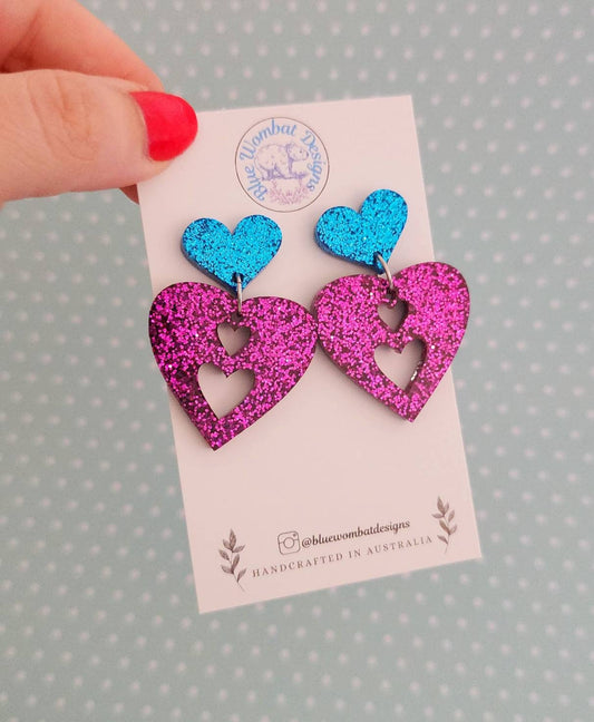 Love Heart Dangle Glitter Handmade Earrings