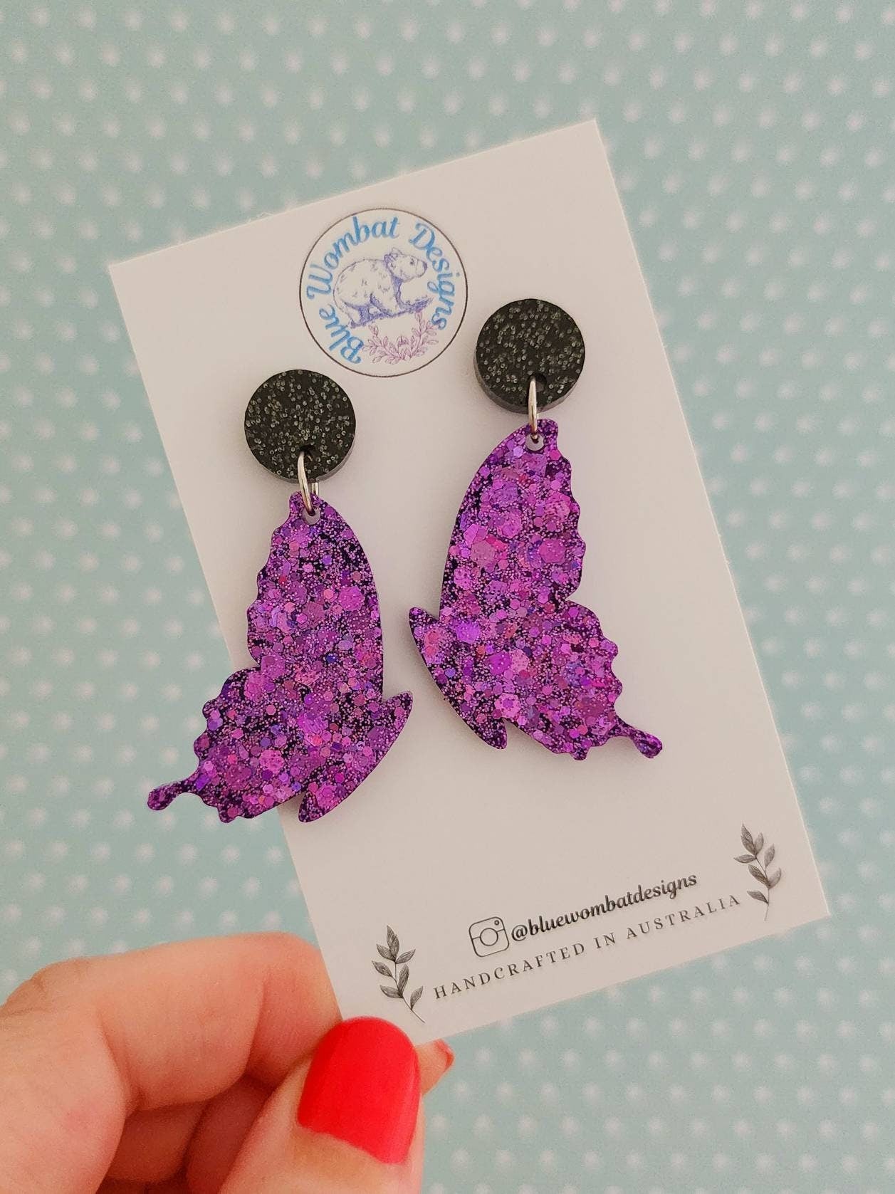 Purple Glitter Butterfly Resin Statement Dangle Earrings