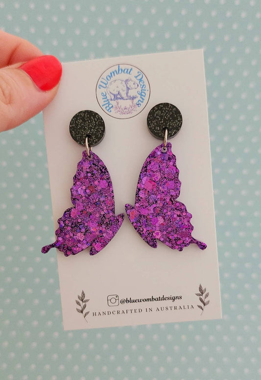 Purple Glitter Butterfly Resin Statement Dangle Earrings