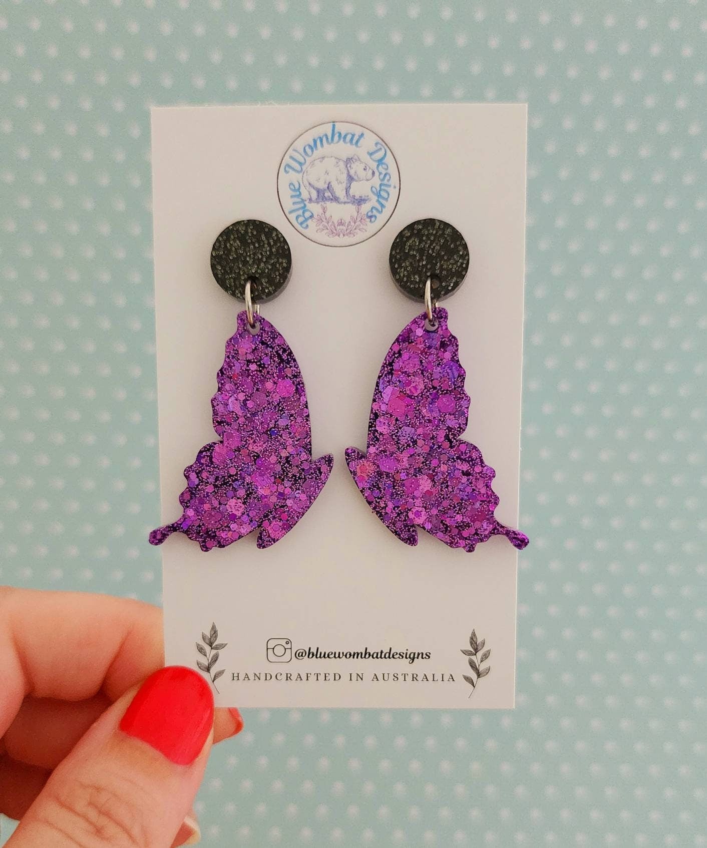 Purple Glitter Butterfly Resin Statement Dangle Earrings