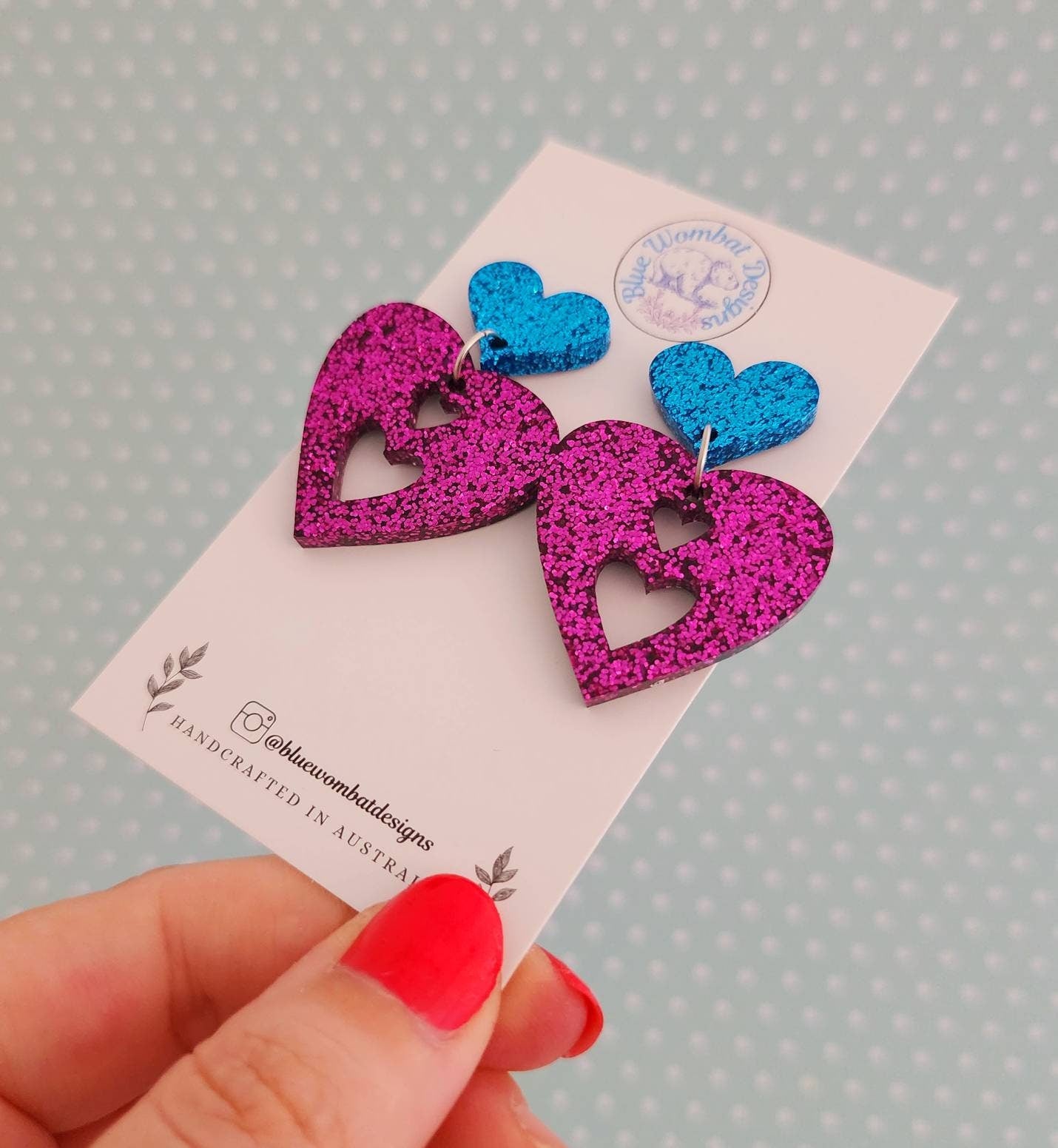 Love Heart Dangle Glitter Handmade Earrings