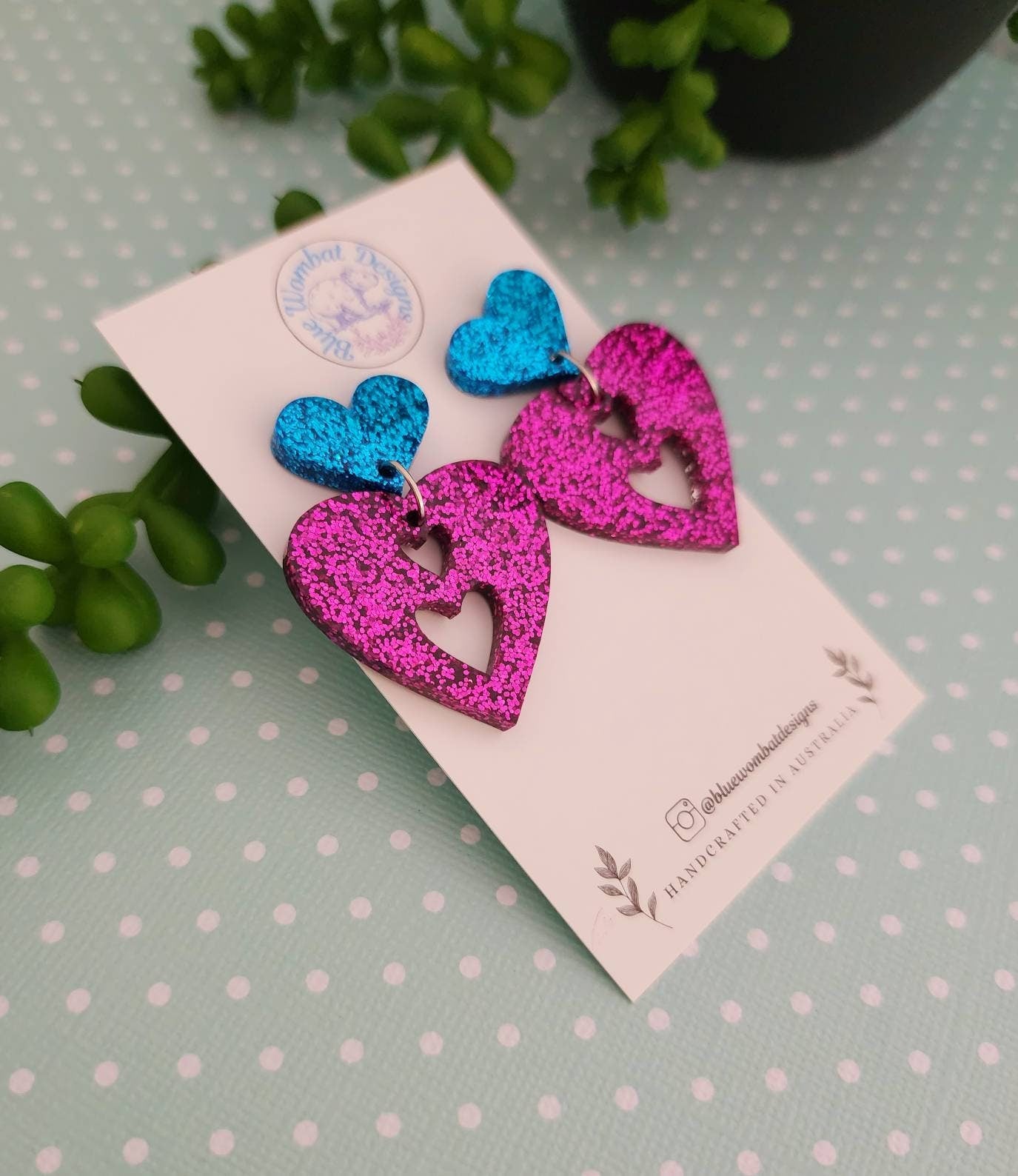 Love Heart Dangle Glitter Handmade Earrings