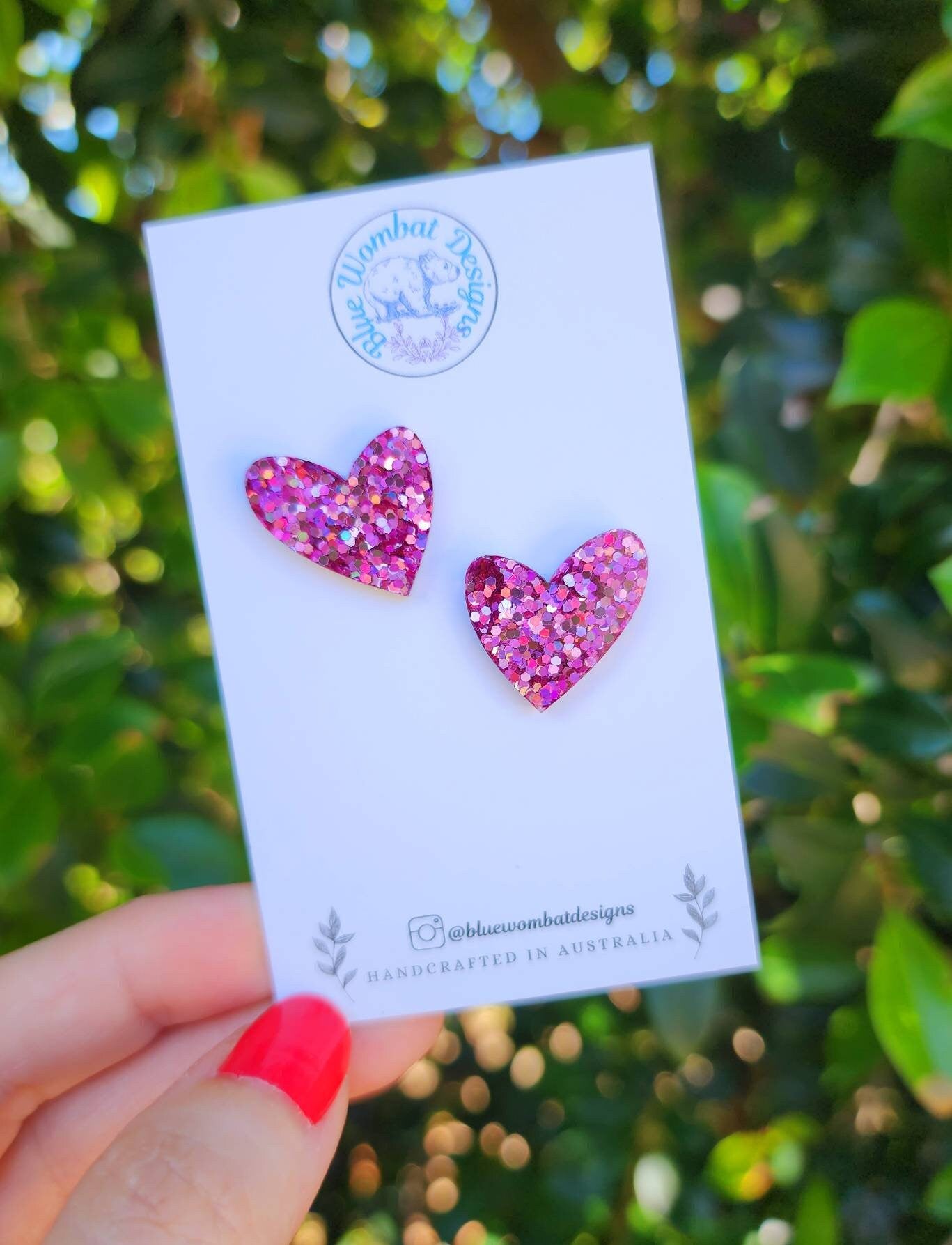 Love Heart Resin Pink Sparkle Glitter Stud Earrings 20mm