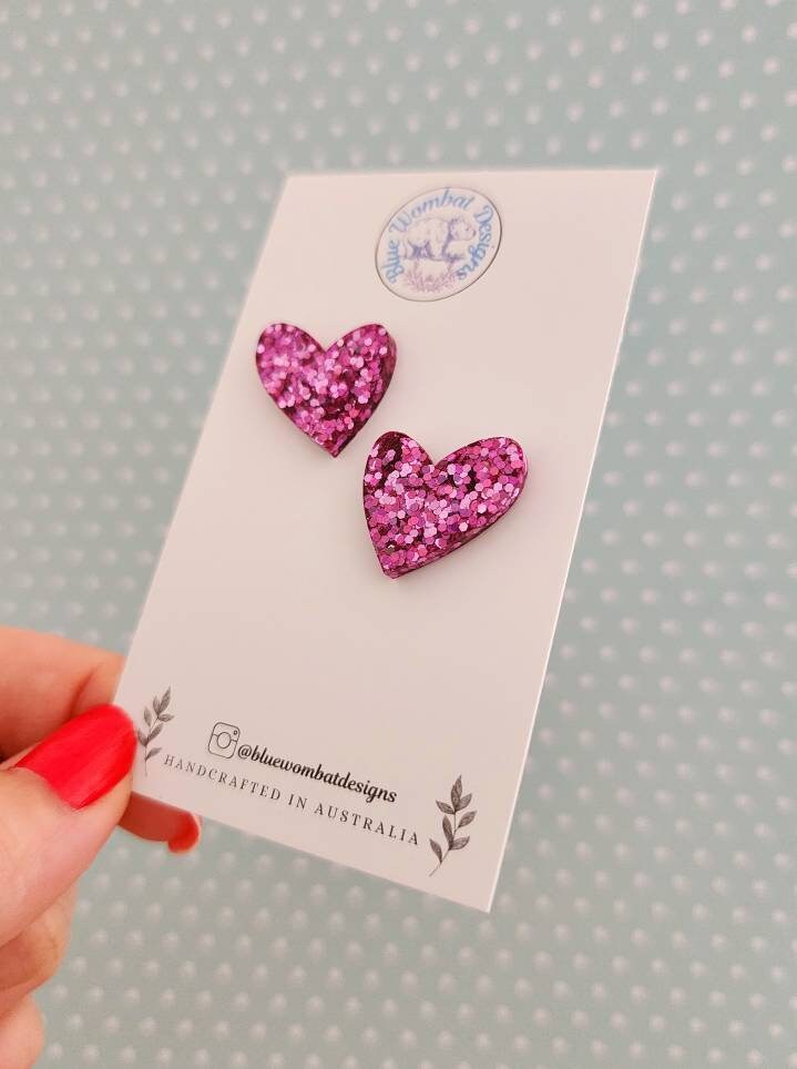 Love Heart Resin Pink Sparkle Glitter Stud Earrings 20mm