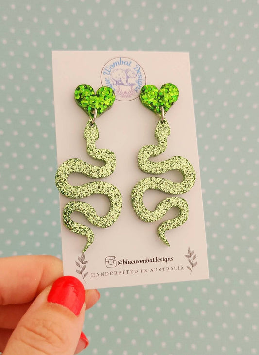 Green Glitter Snake Resin Dangle Earrings