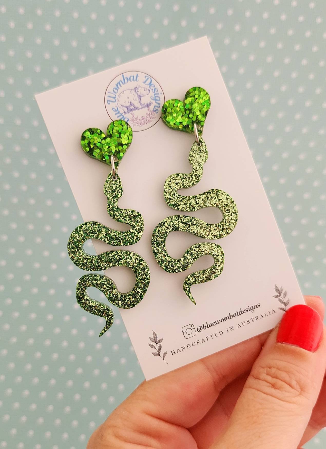 Green Glitter Snake Resin Dangle Earrings