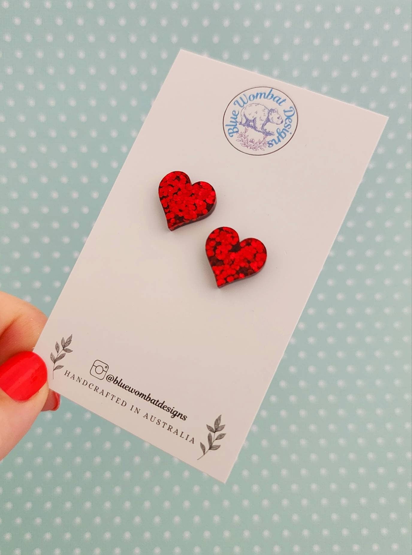 Red Glitter Love Heart Resin Stud Earrings