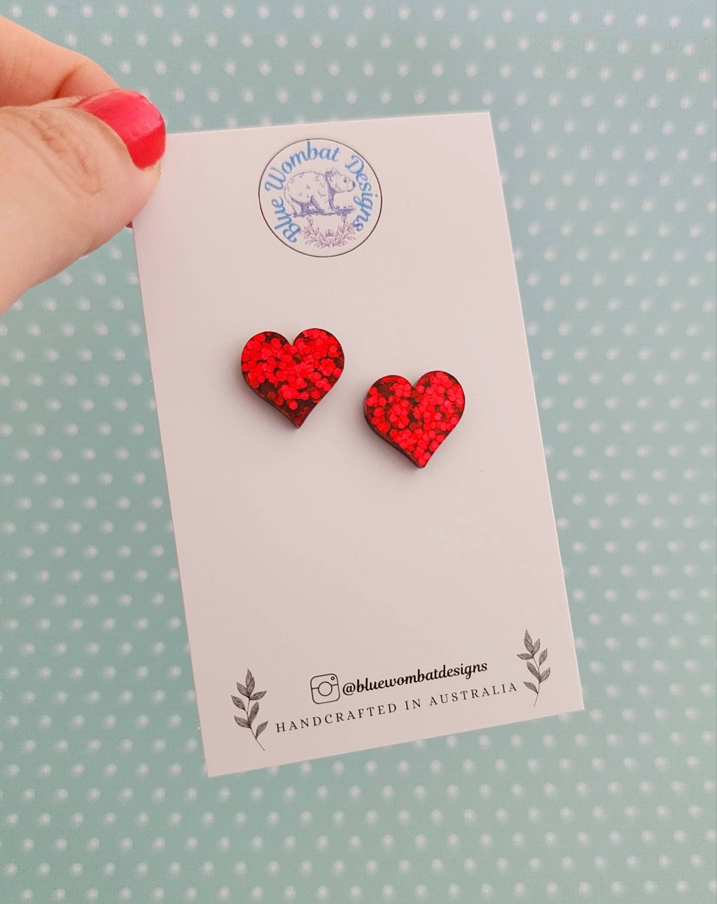 Red Glitter Love Heart Resin Stud Earrings