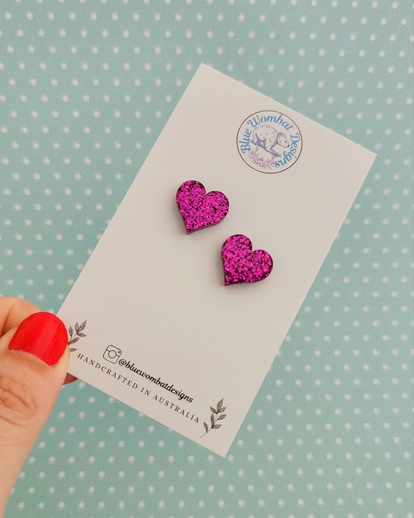 Pink Glitter Love Heart Resin Stud Earrings