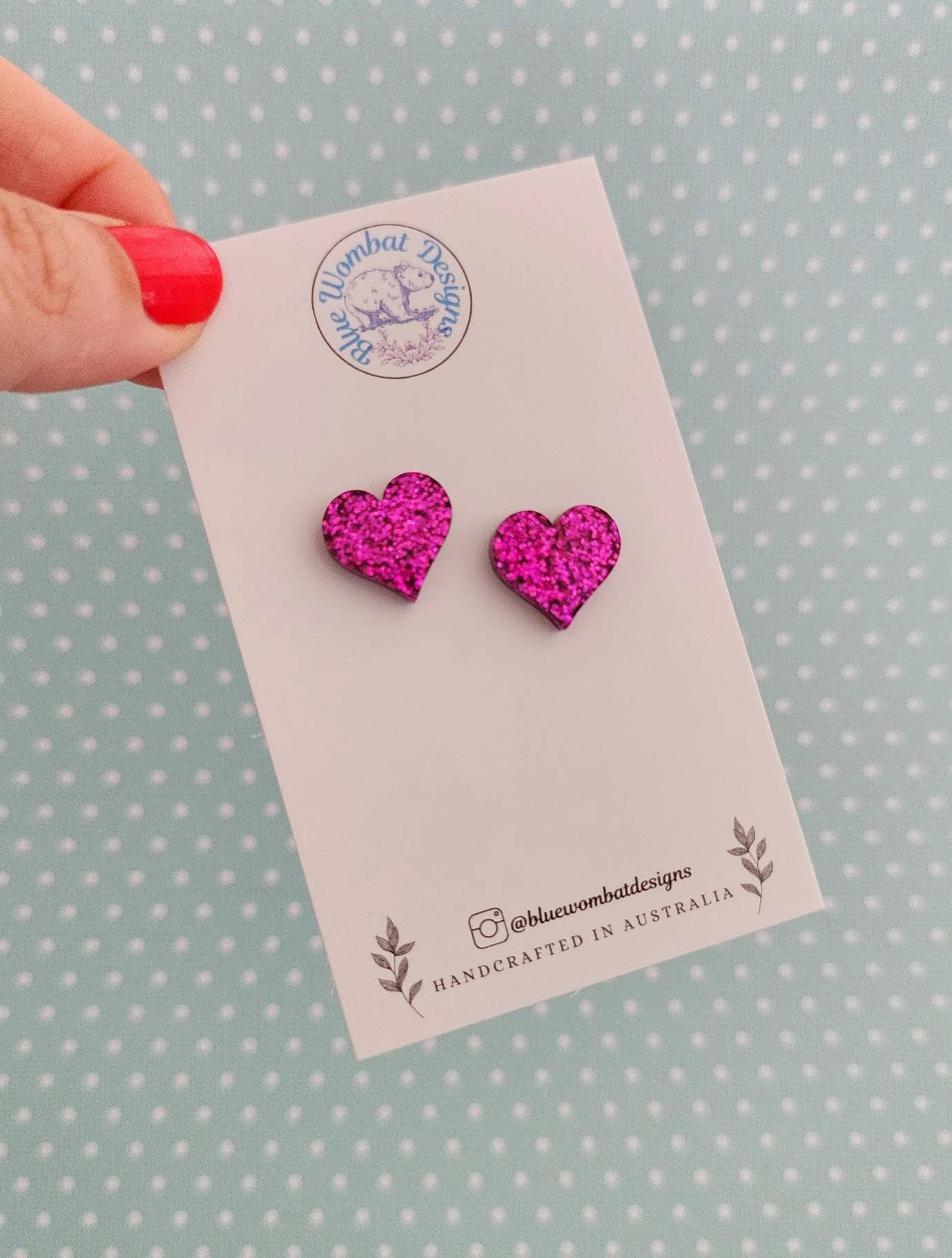 Pink Glitter Love Heart Resin Stud Earrings