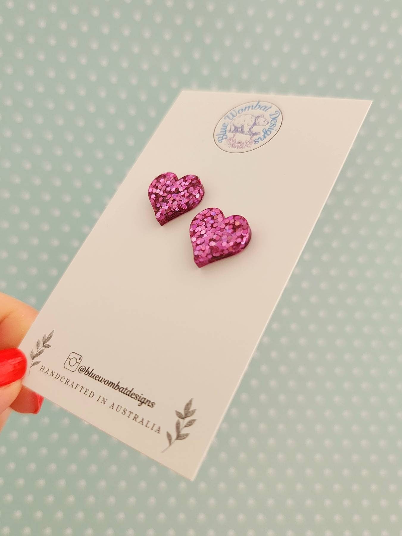 Pink Glitter Love Heart Stud Earrings 14mm