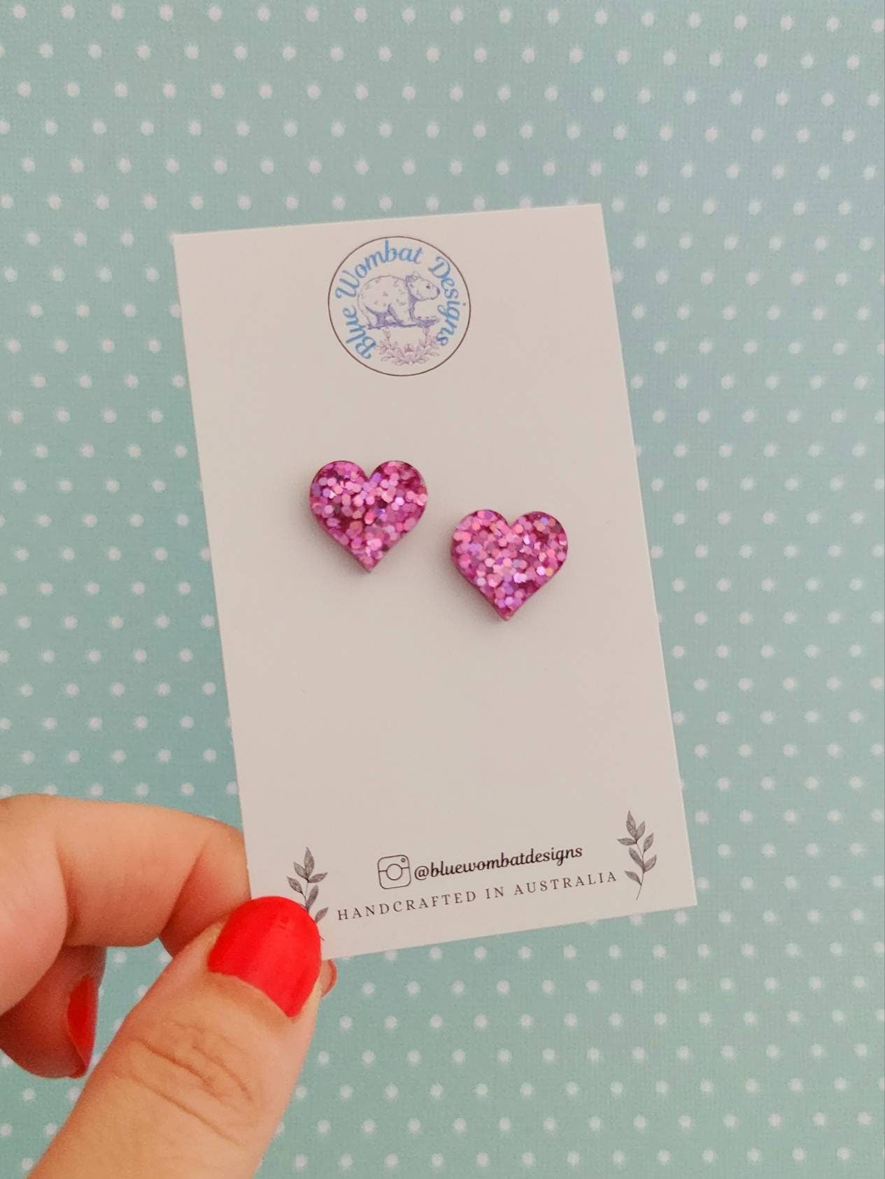 Pink Glitter Love Heart Stud Earrings 14mm