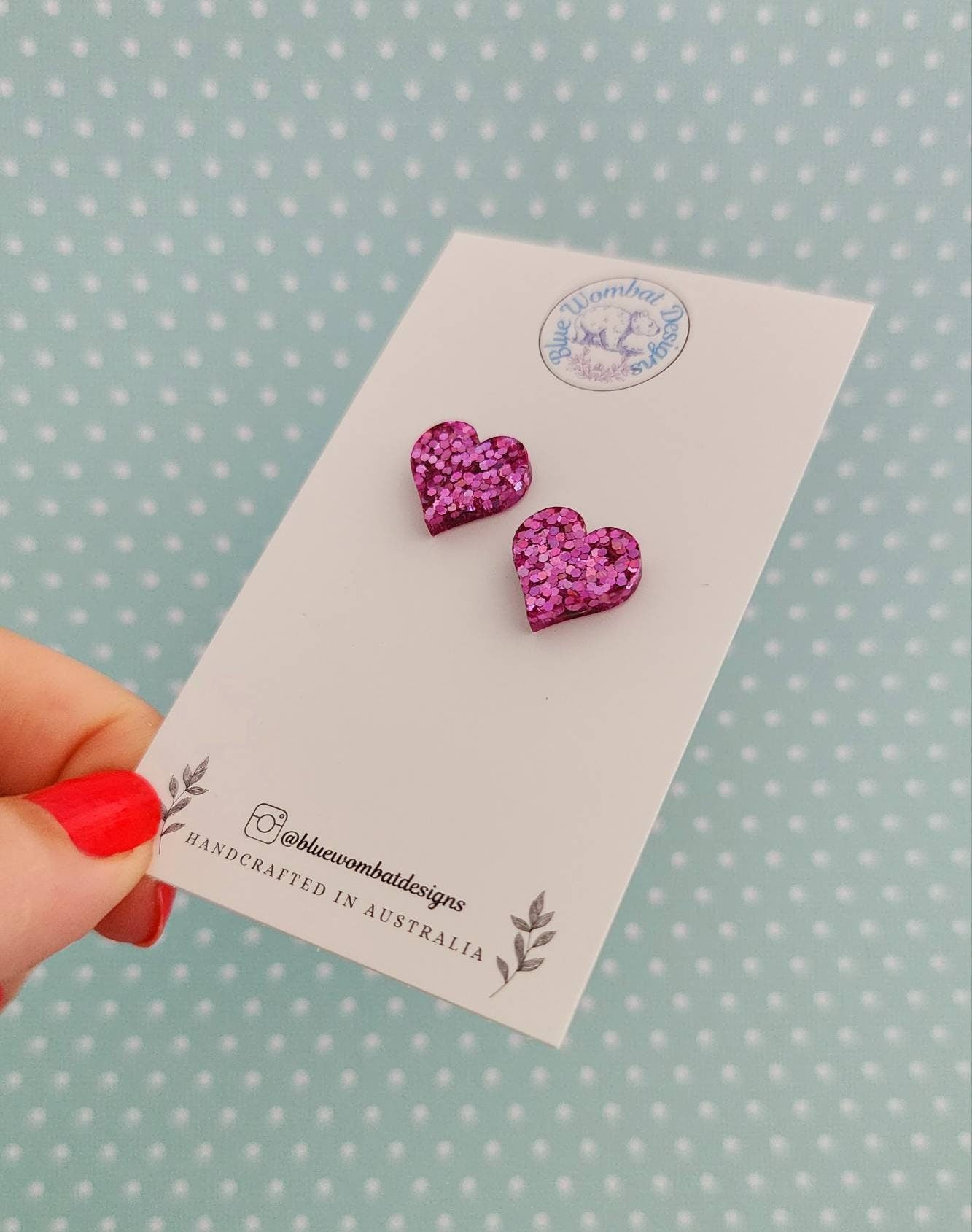 Pink Glitter Love Heart Stud Earrings 14mm