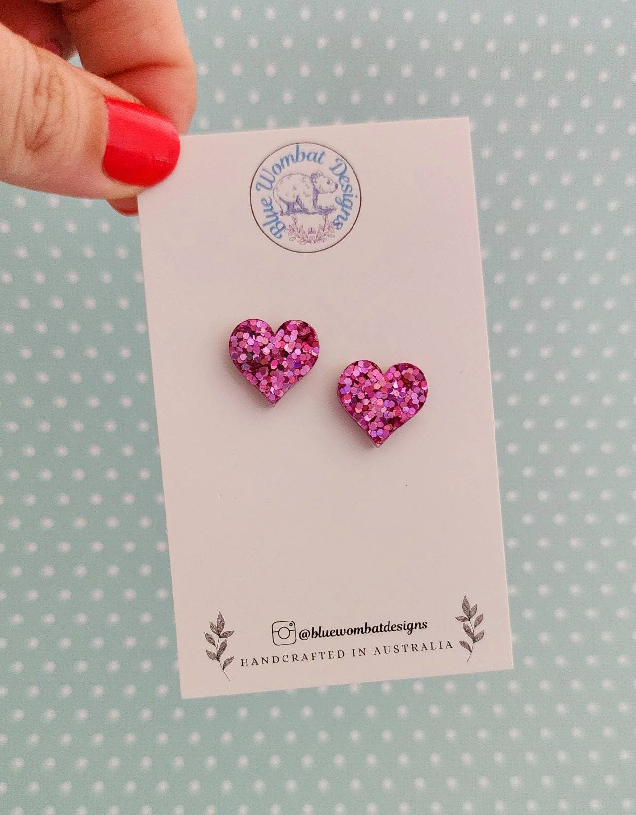 Pink Glitter Love Heart Stud Earrings 14mm