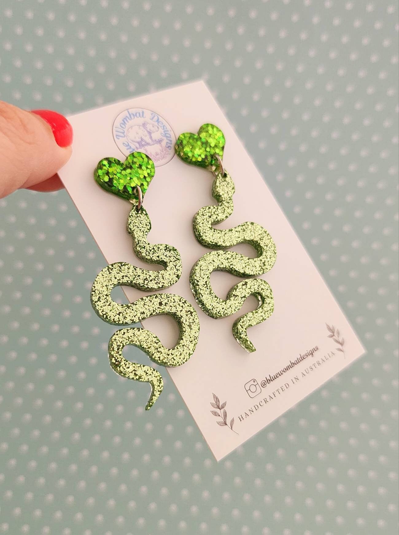 Green Glitter Snake Resin Dangle Earrings