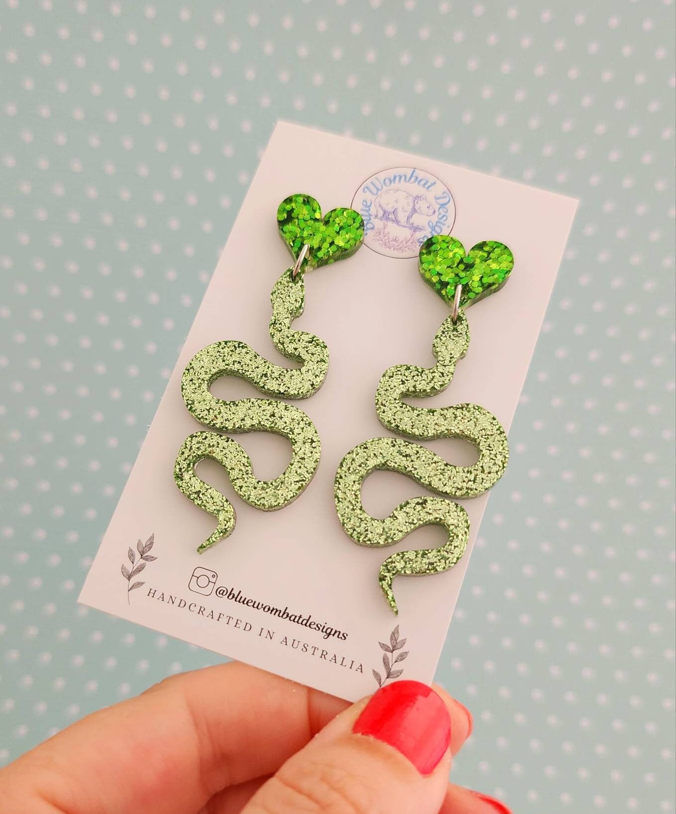 Green Glitter Snake Resin Dangle Earrings